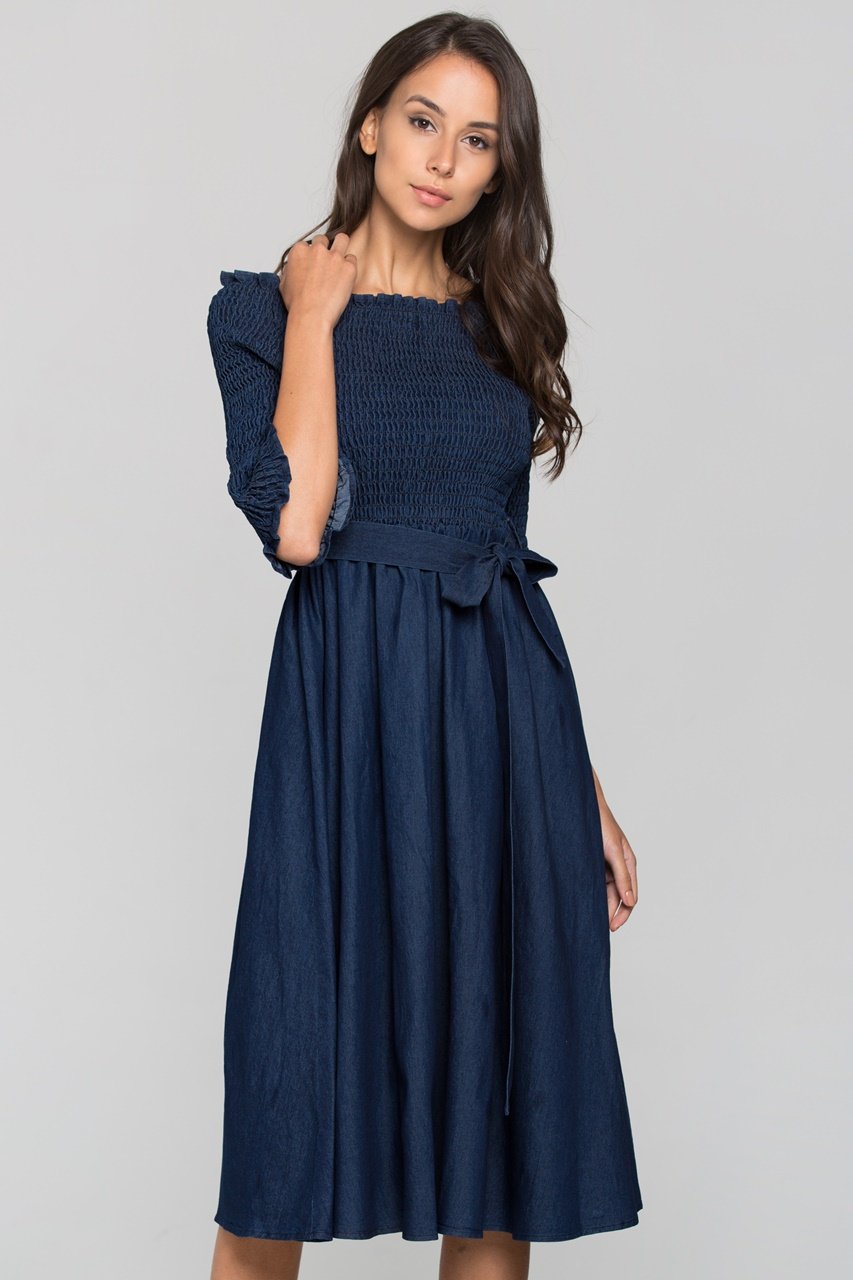 Smocked Top Off the shoulder Chambray Midi Dress - ownthelooks-Development