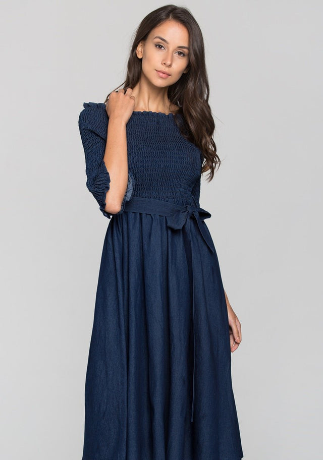 Smocked Top Off the shoulder Chambray Midi Dress - ownthelooks-Development