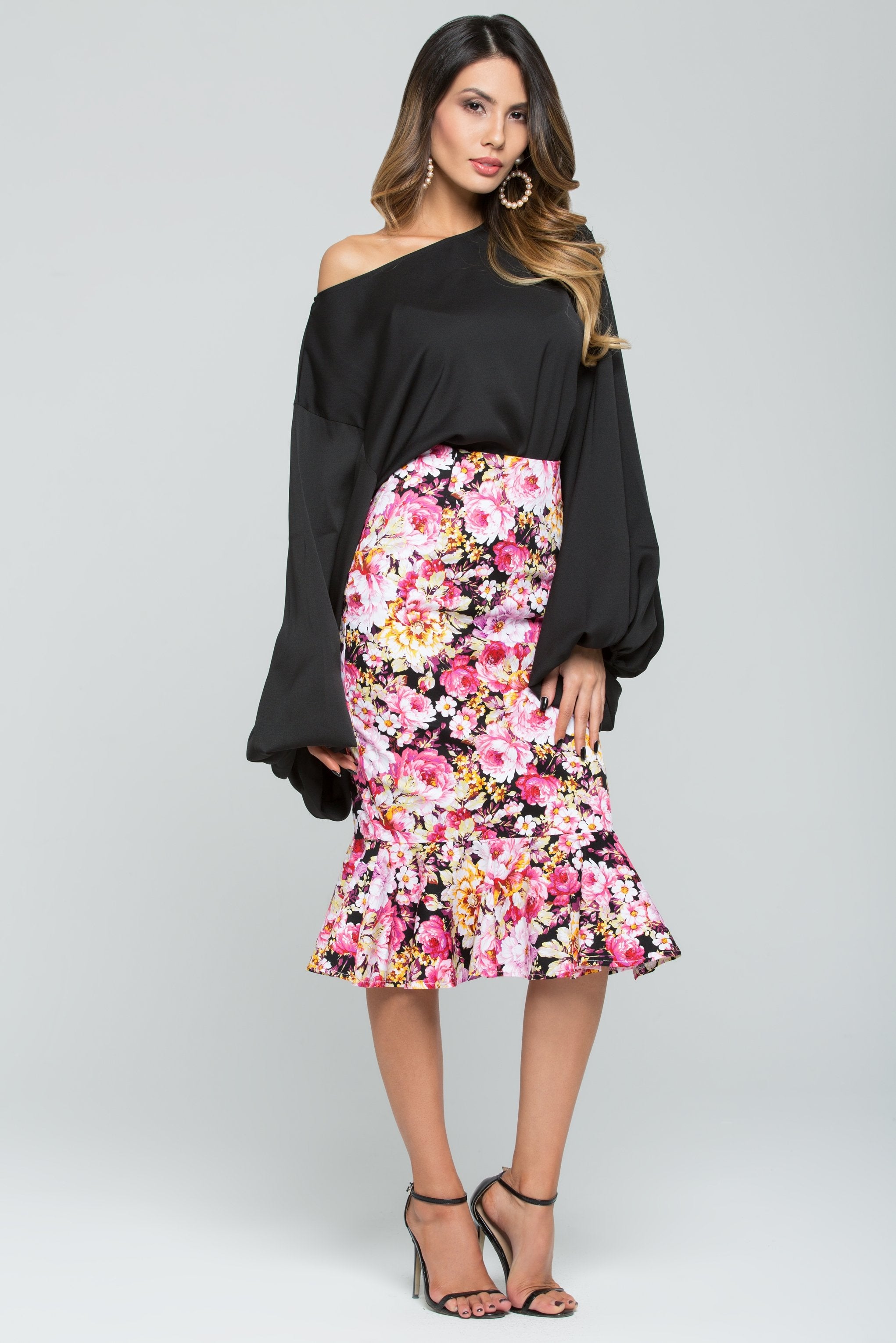 Solid Black Floral Theme Dress Set - ownthelooks-Development