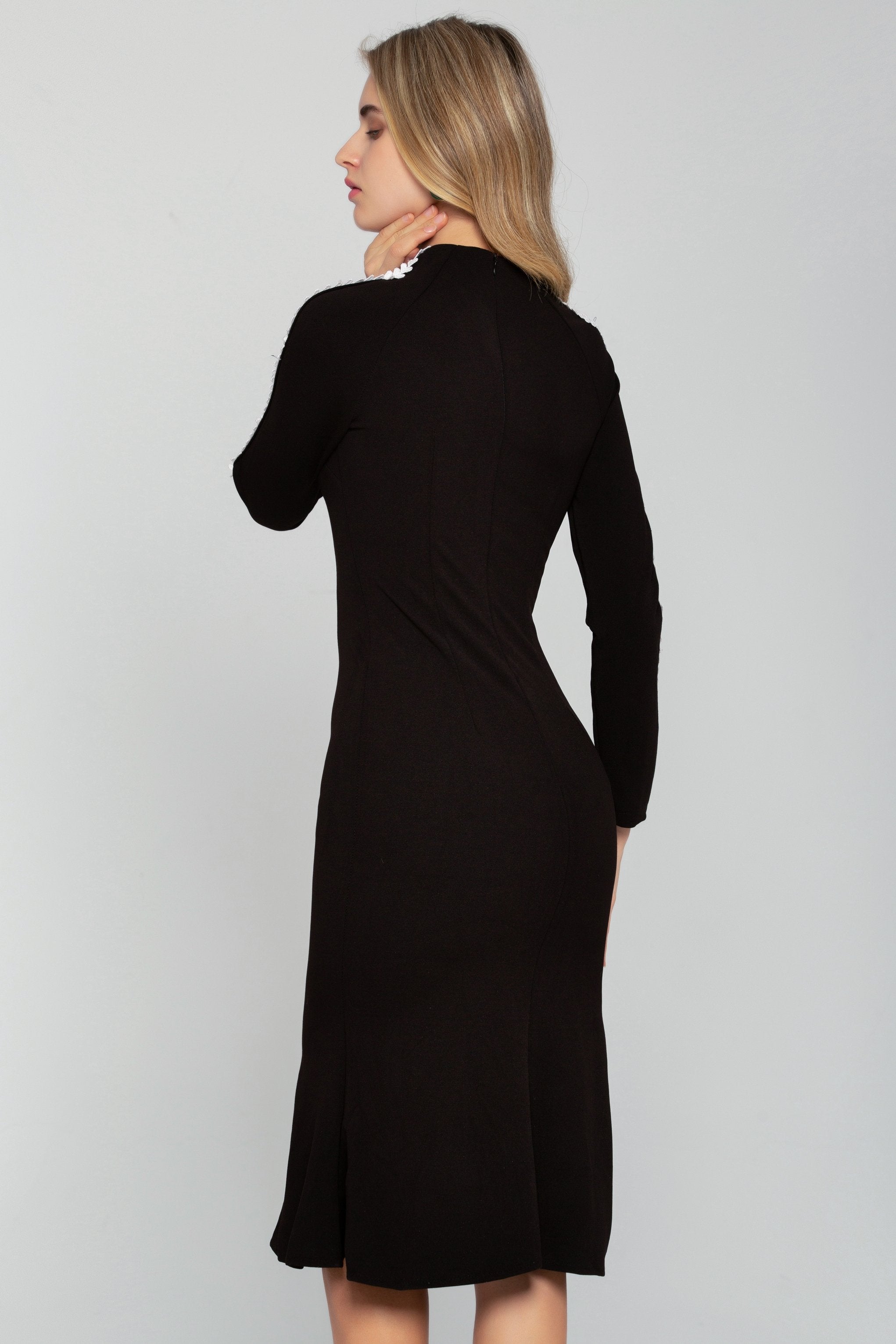 Solid Black Full Sleeves White Crochet Trim Midi Dress - ownthelooks-Development