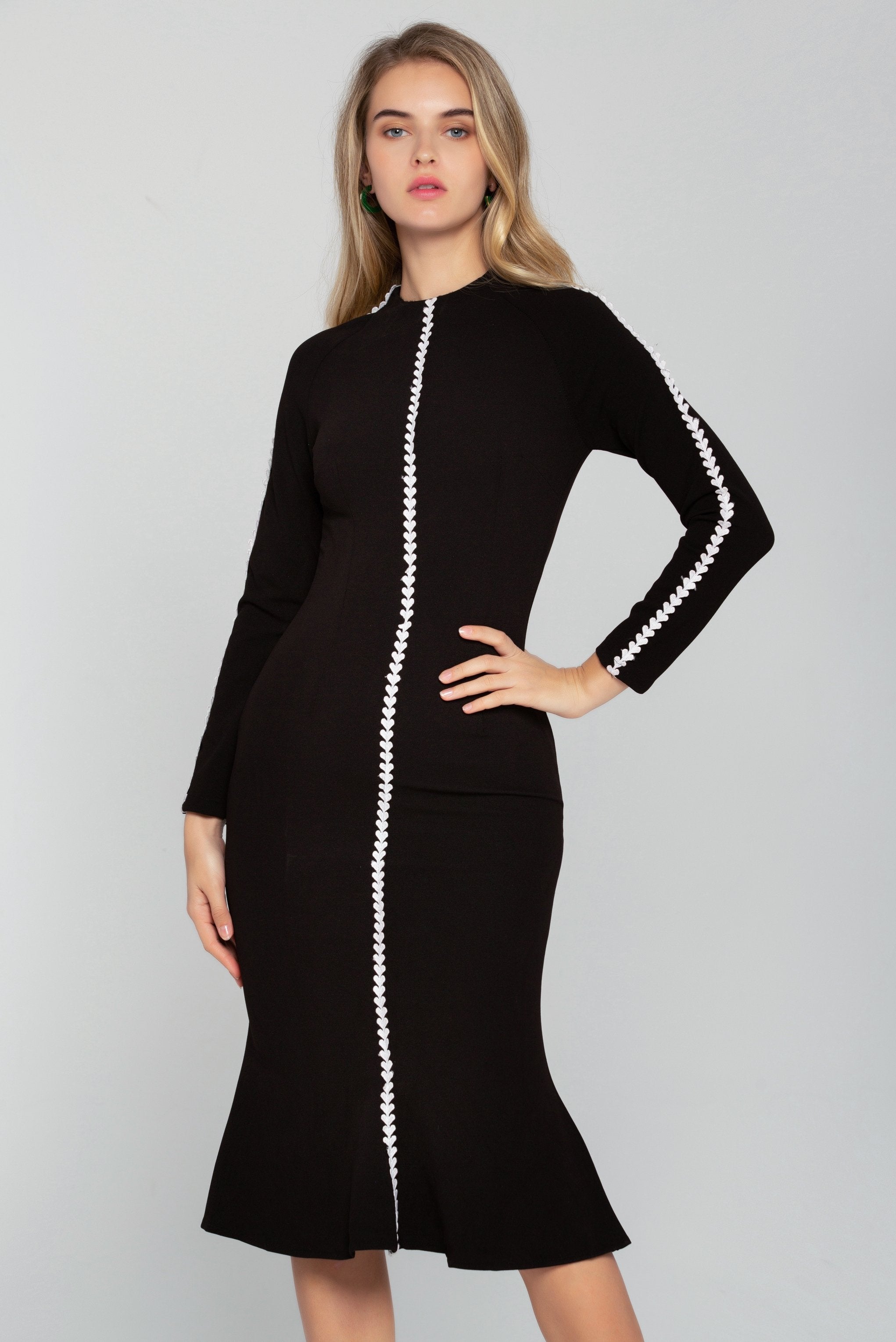 Solid Black Full Sleeves White Crochet Trim Midi Dress - ownthelooks-Development