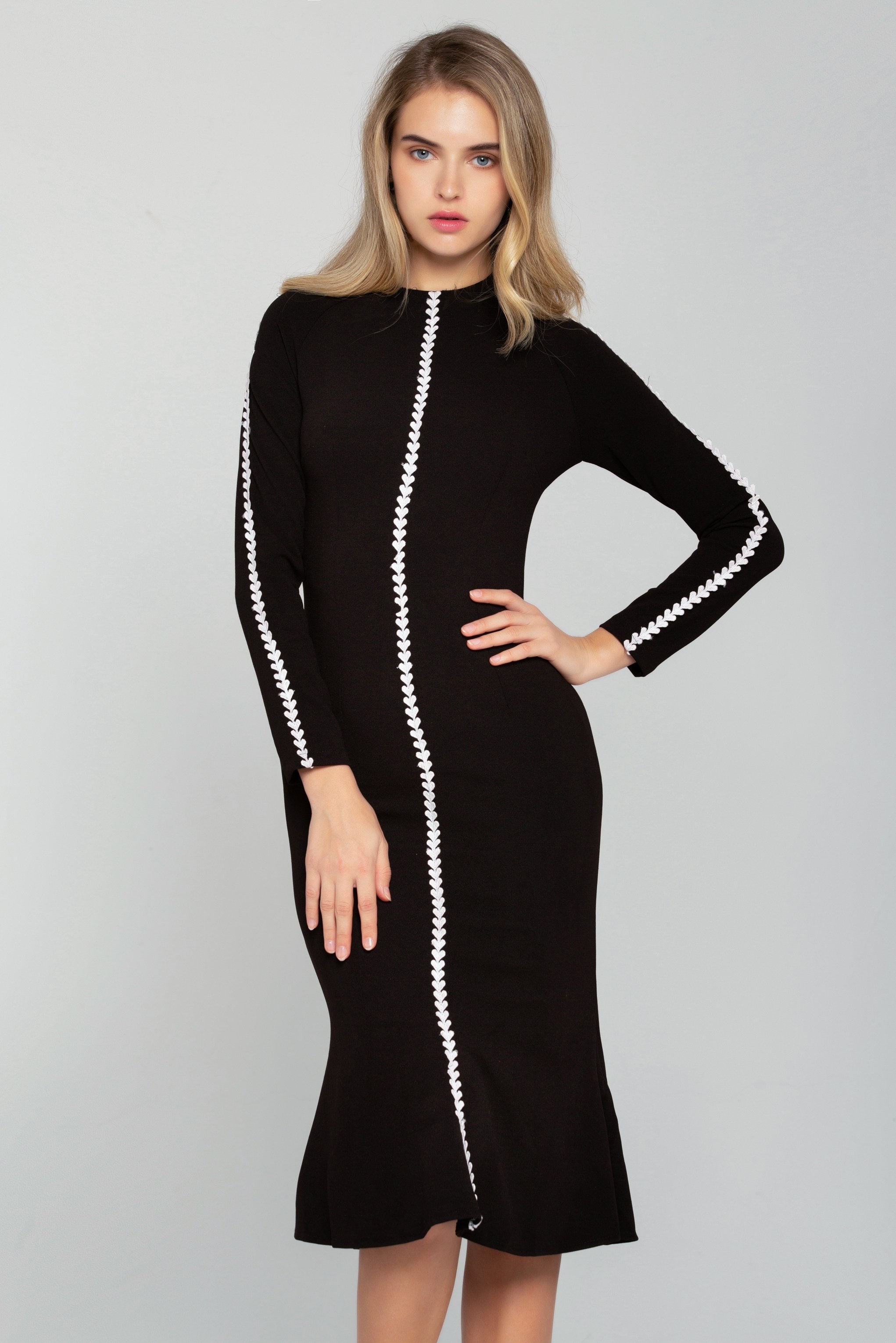 Solid Black Full Sleeves White Crochet Trim Midi Dress - ownthelooks-Development
