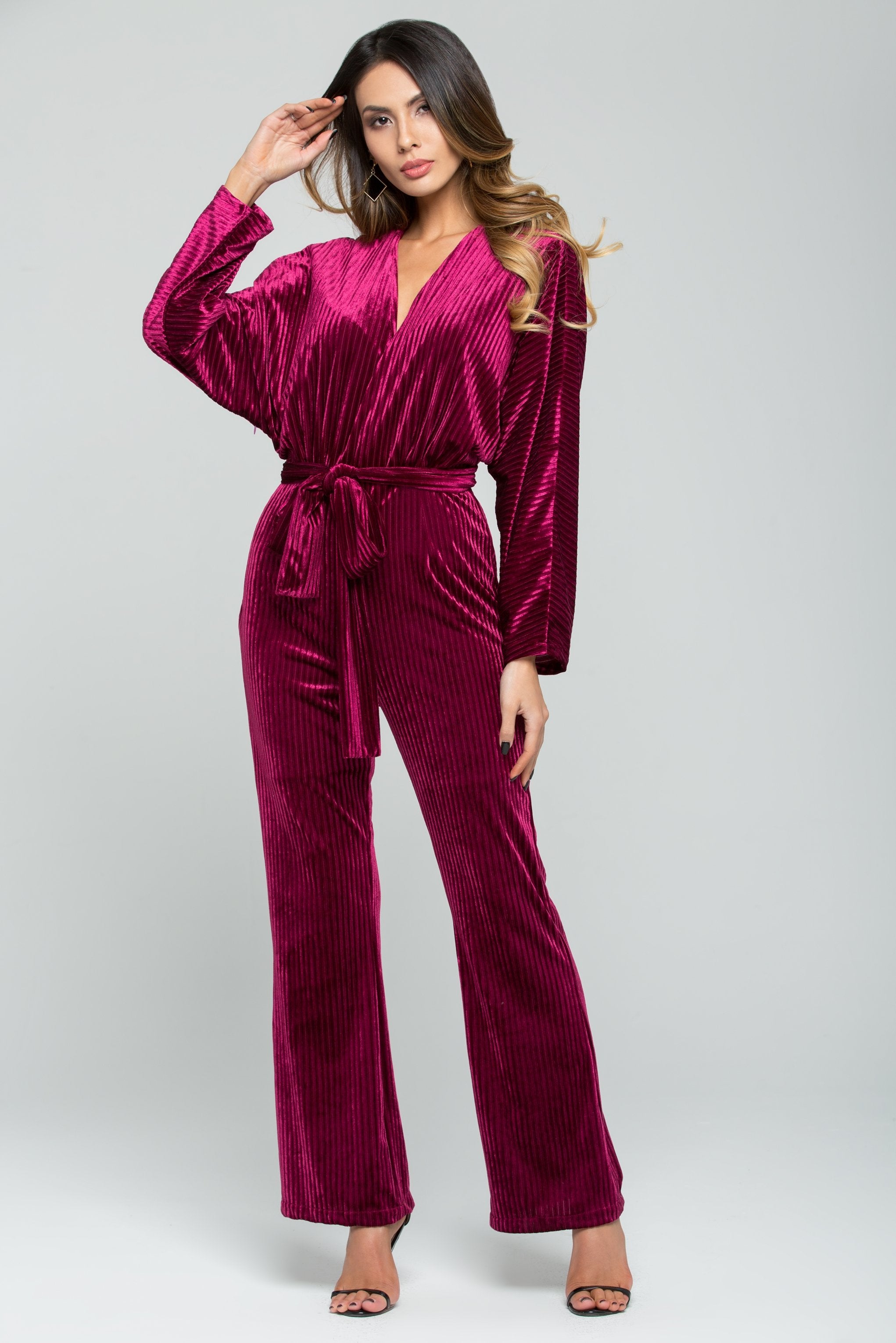 Solid Burgundy Ribbed Velvet Jumpsuit - ownthelooks-Development