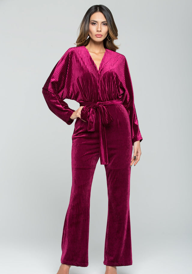 Solid Burgundy Ribbed Velvet Jumpsuit - ownthelooks-Development