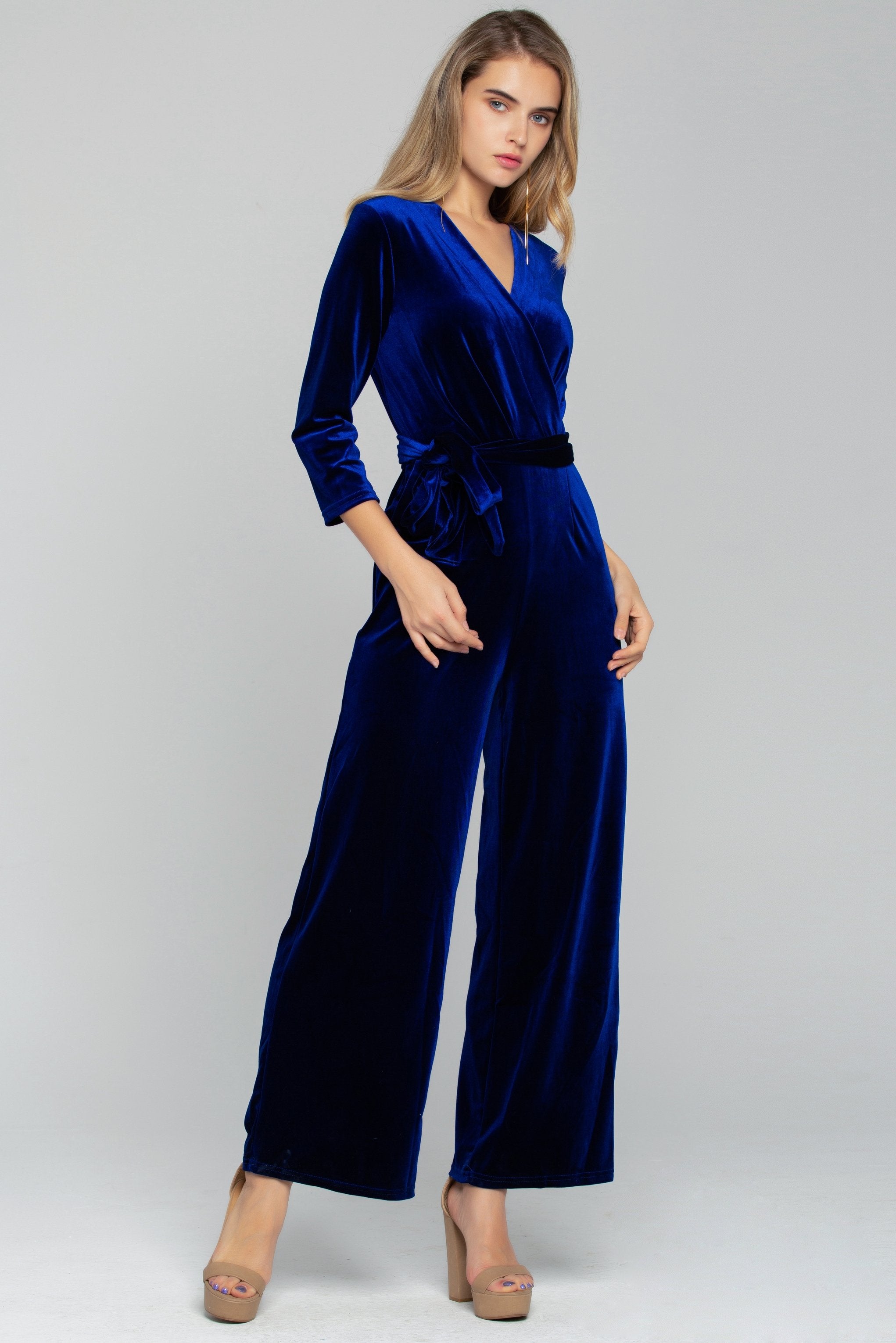 Solid Royal Blue Velvet Jumpsuit - ownthelooks-Development