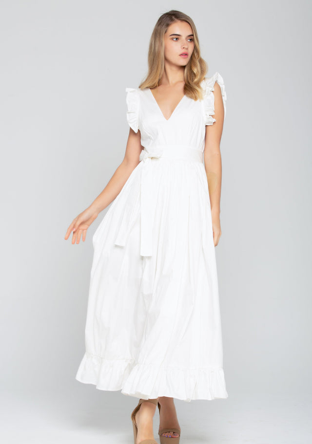 Solid White Ruffled Slit Maxi Dress - ownthelooks-Development