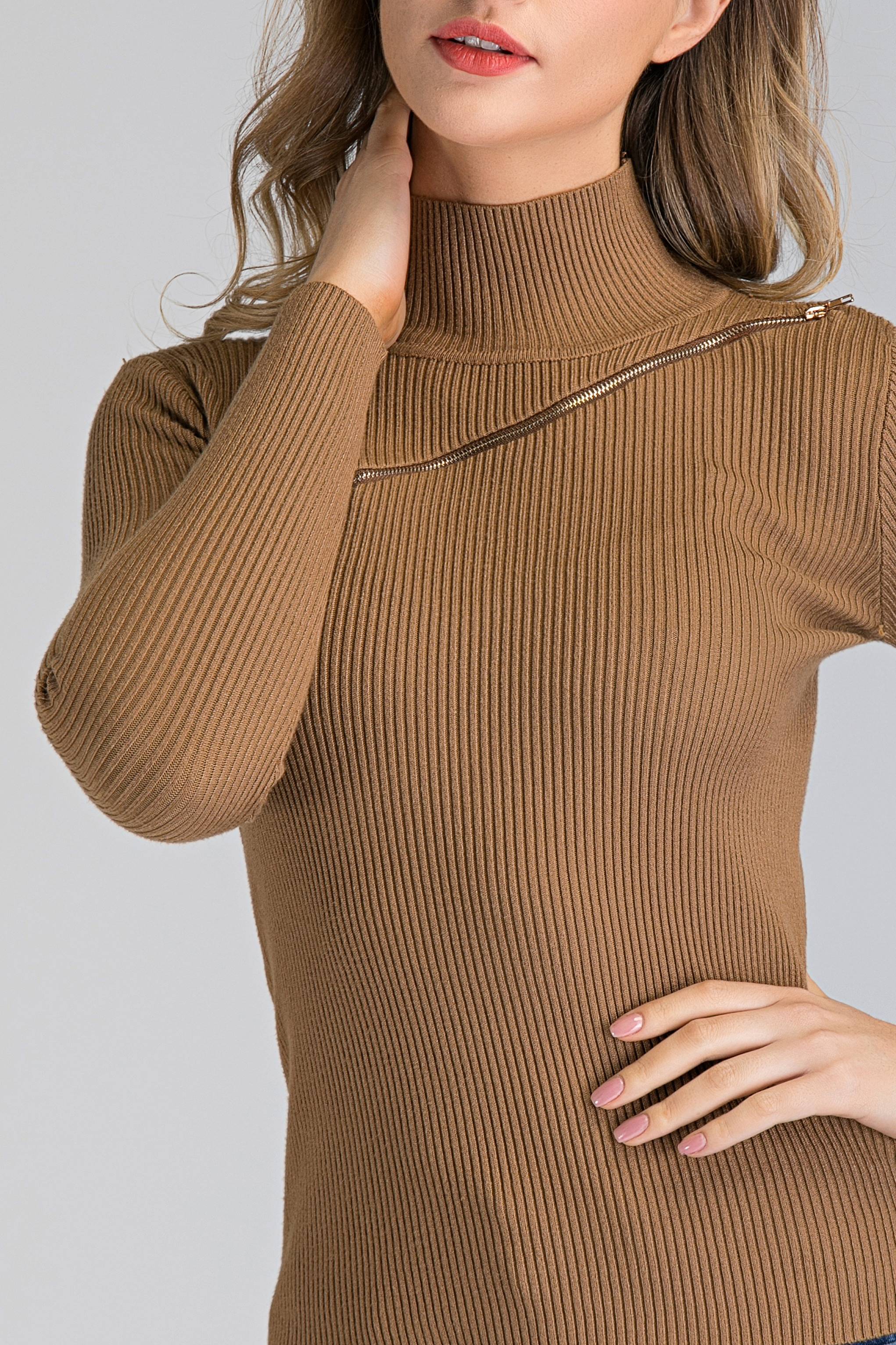 Tan Knit Chest Zip Sleeved Top - ownthelooks-Development