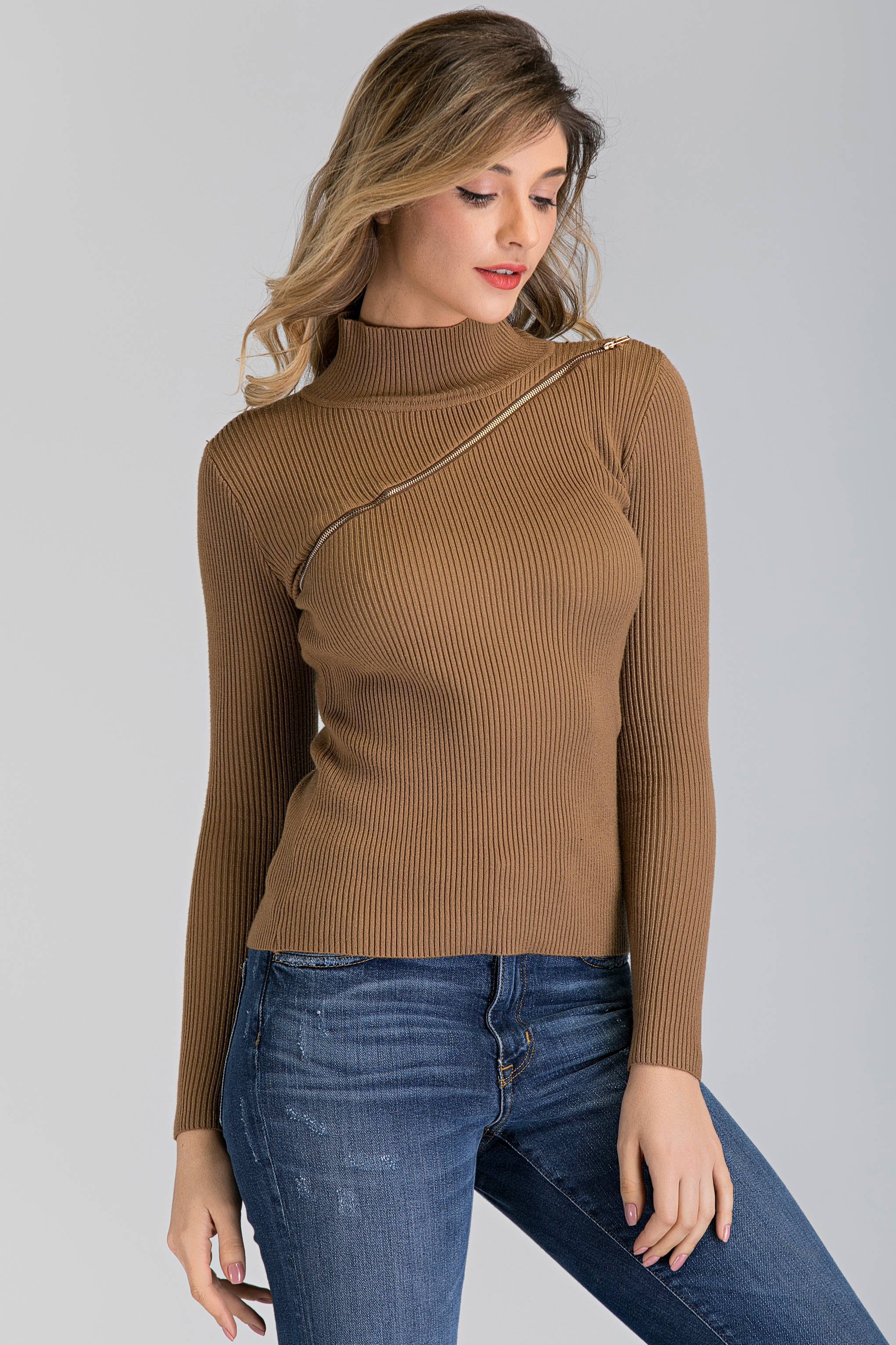 Tan Knit Chest Zip Sleeved Top - ownthelooks-Development