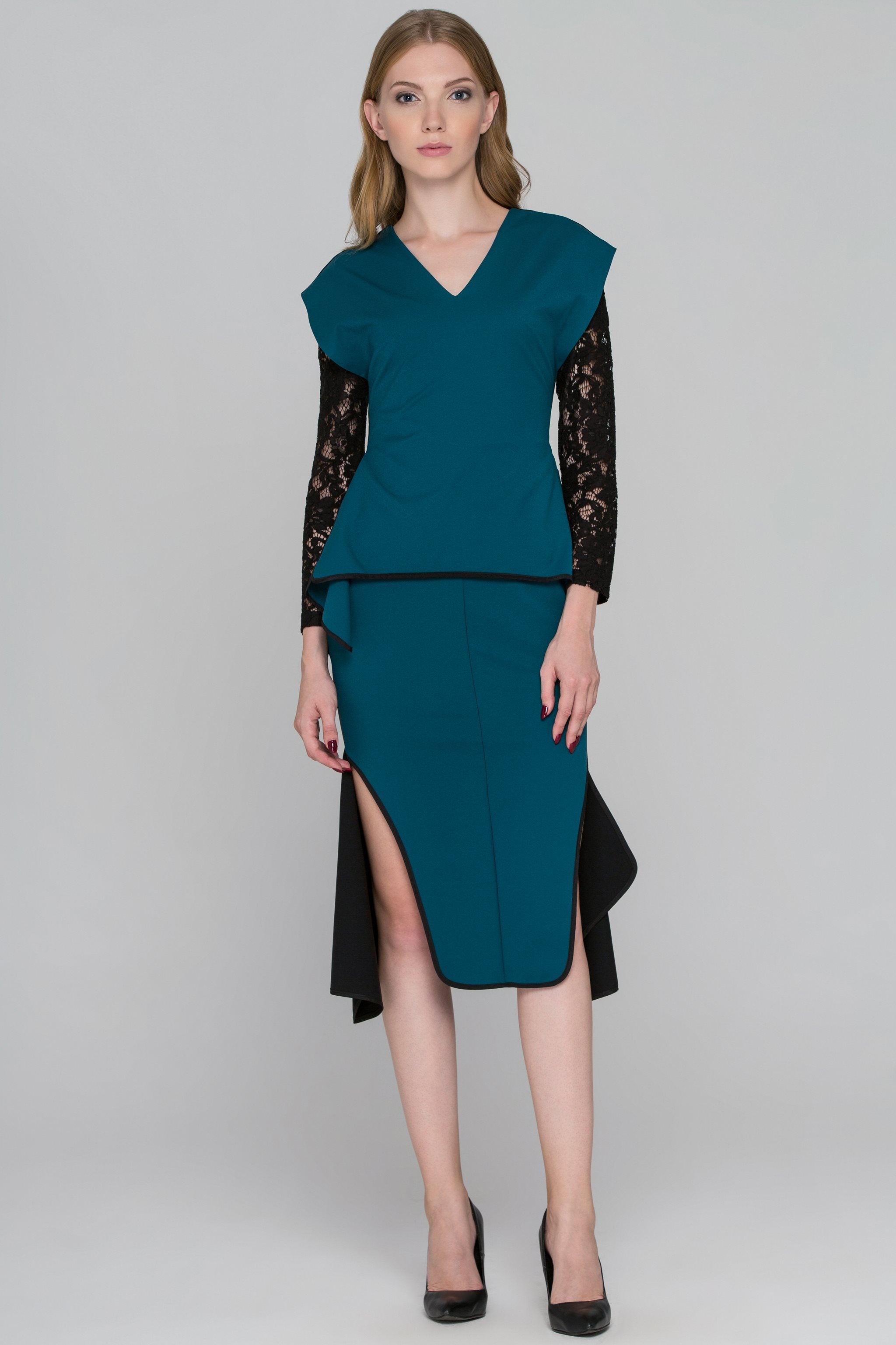 Teal Green Black Lace Sleeve Midi Dress - ownthelooks-Development