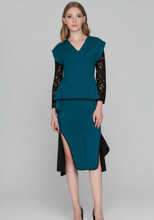 Teal Green Black Lace Sleeve Midi Dress - ownthelooks-Development