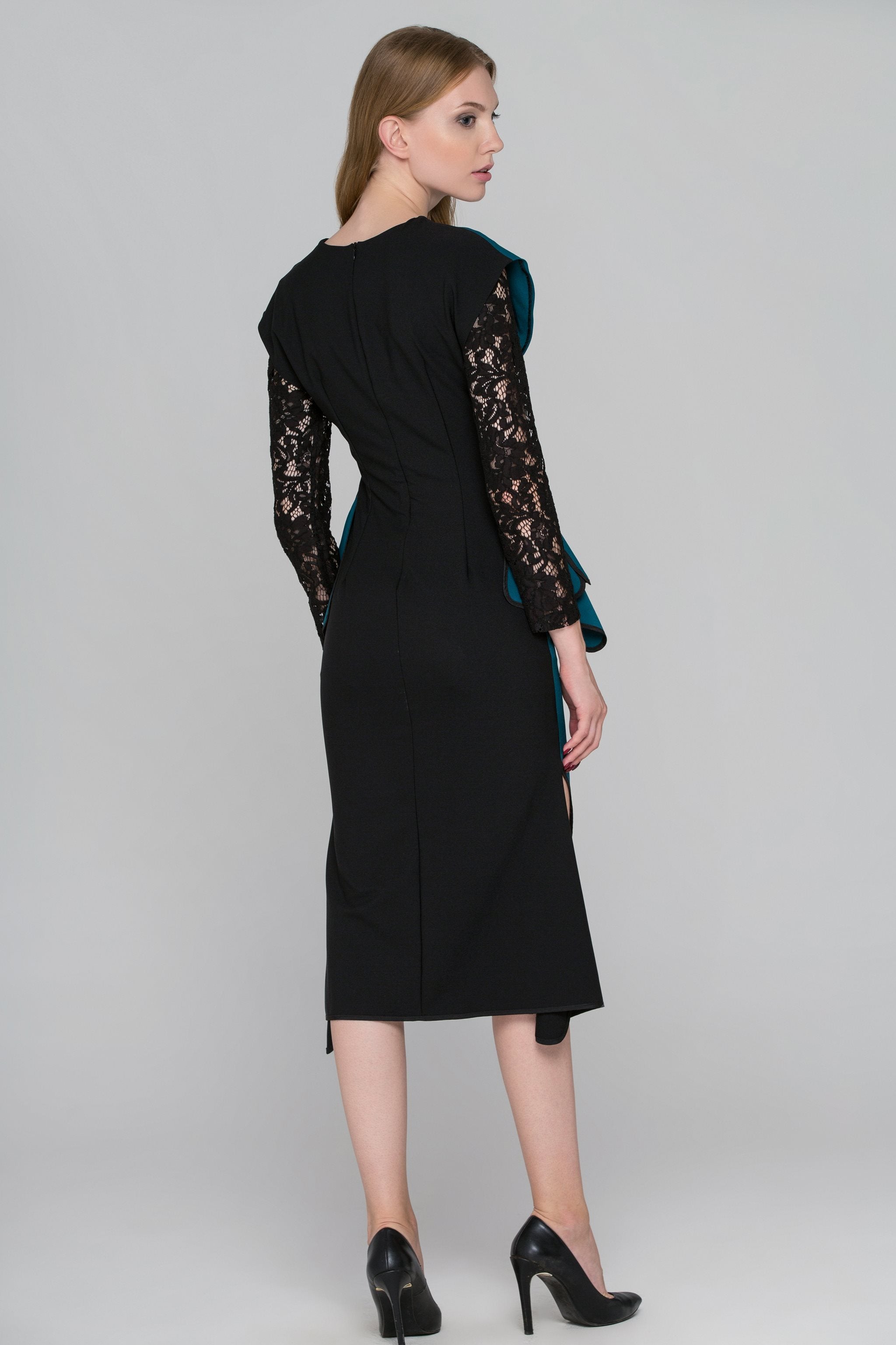 Teal Green Black Lace Sleeve Midi Dress - ownthelooks-Development
