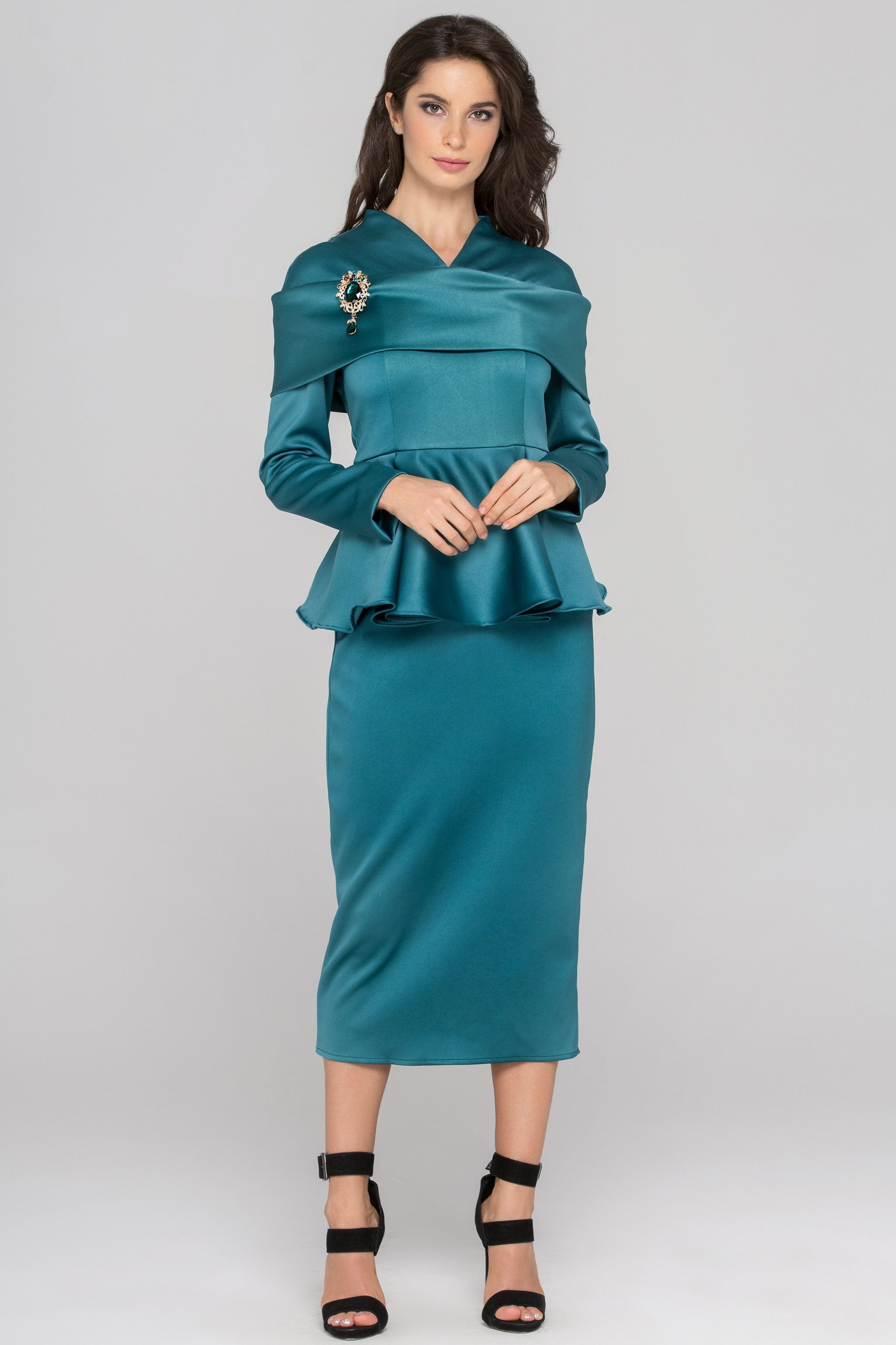 Blue Green Sleeved Satin Peplum Midi Dress - ownthelooks-Development