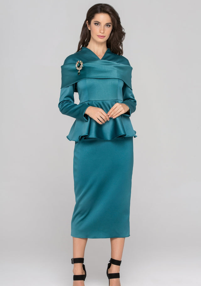 Blue Green Sleeved Satin Peplum Midi Dress - ownthelooks-Development