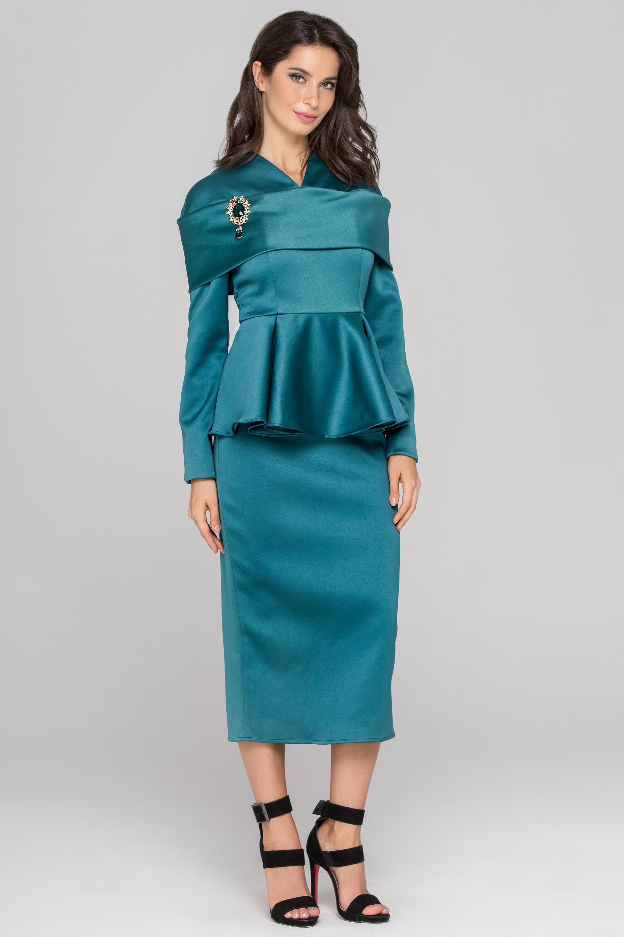 Blue Green Sleeved Satin Peplum Midi Dress - ownthelooks-Development