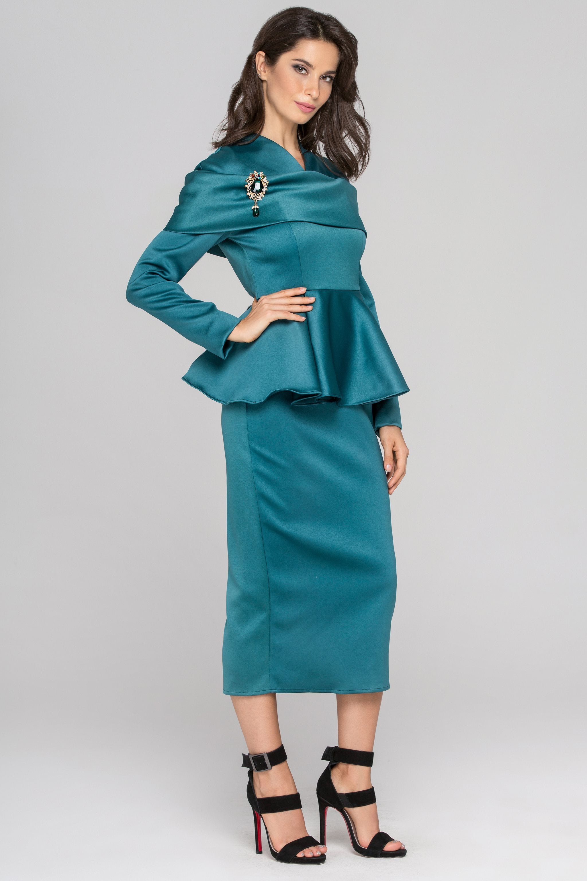 Blue Green Sleeved Satin Peplum Midi Dress - ownthelooks-Development