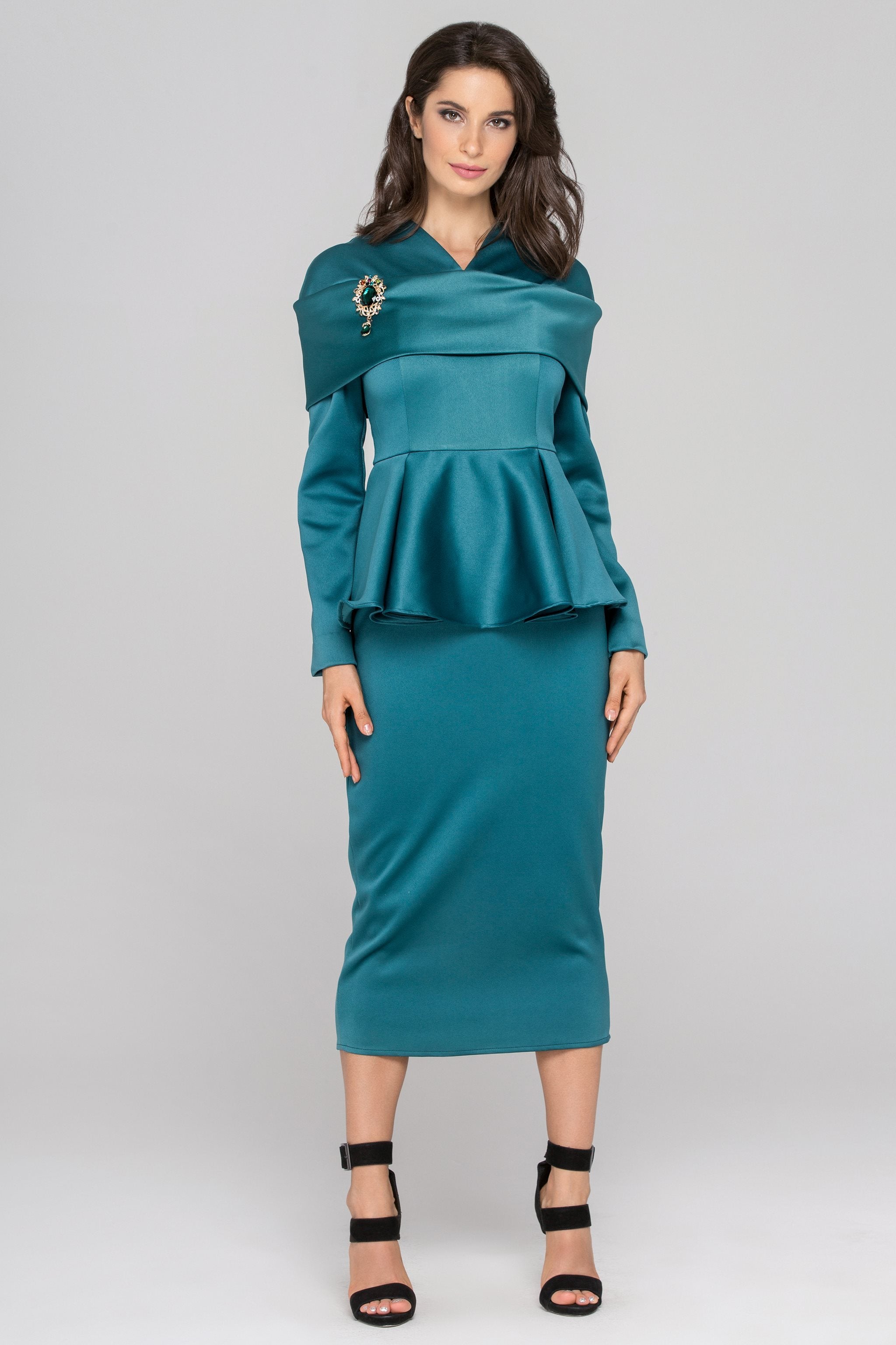 Blue Green Sleeved Satin Peplum Midi Dress - ownthelooks-Development