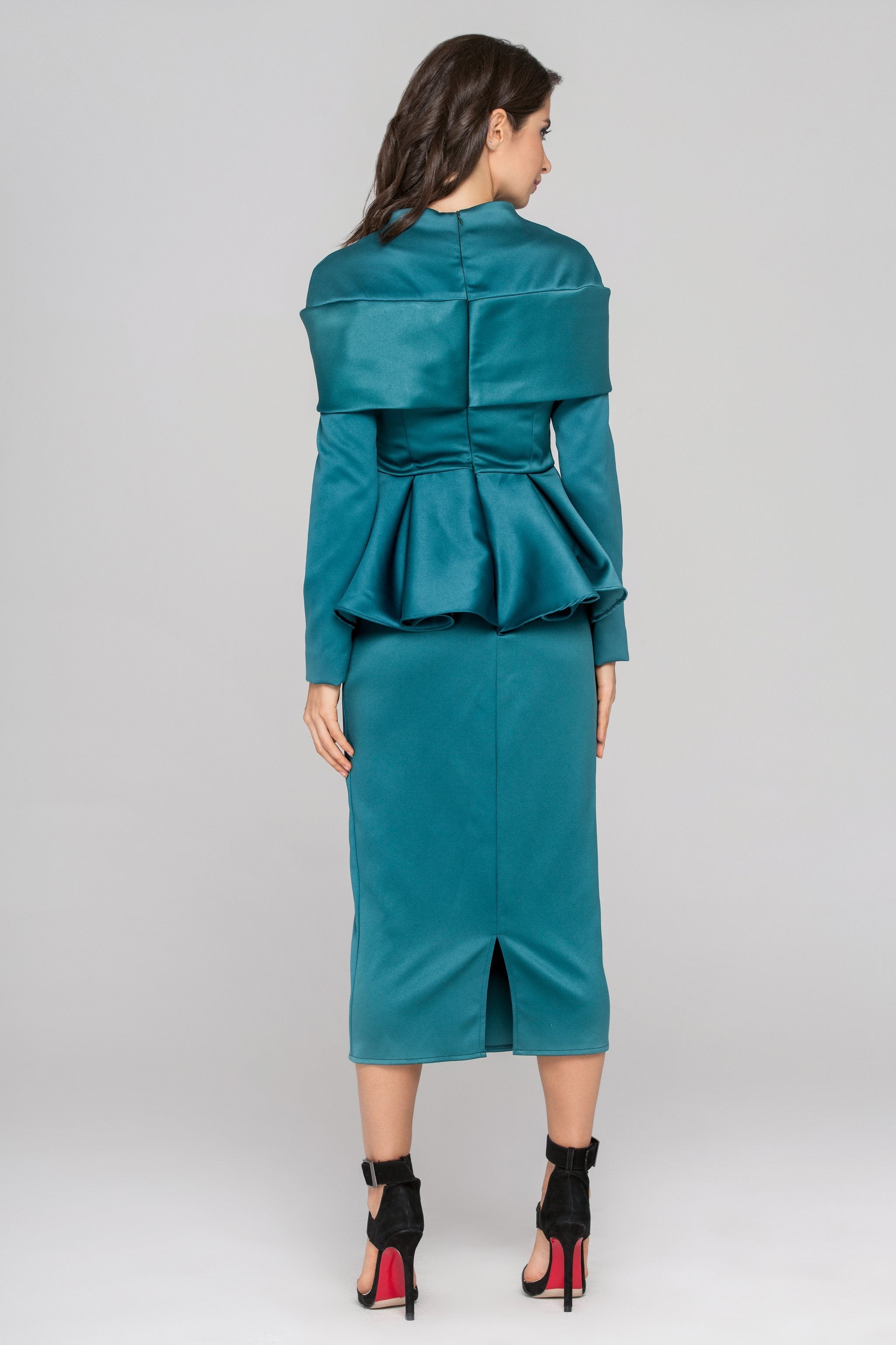 Blue Green Sleeved Satin Peplum Midi Dress - ownthelooks-Development