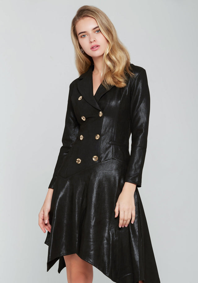 True Black Double Breasted Button-up Blazer Dress - ownthelooks-Development