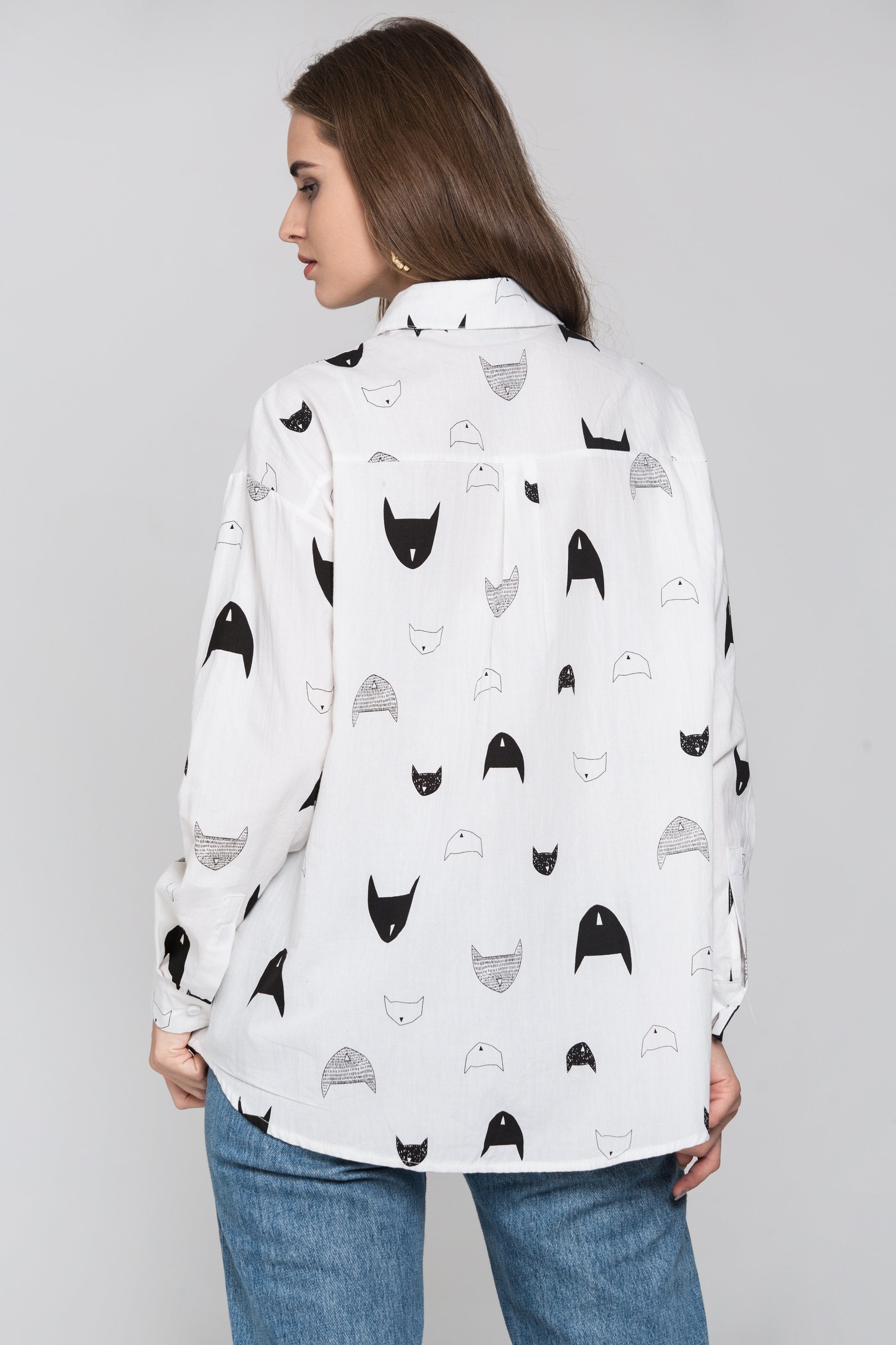 White Cat Print Sleeved Button Up Top - ownthelooks-Development