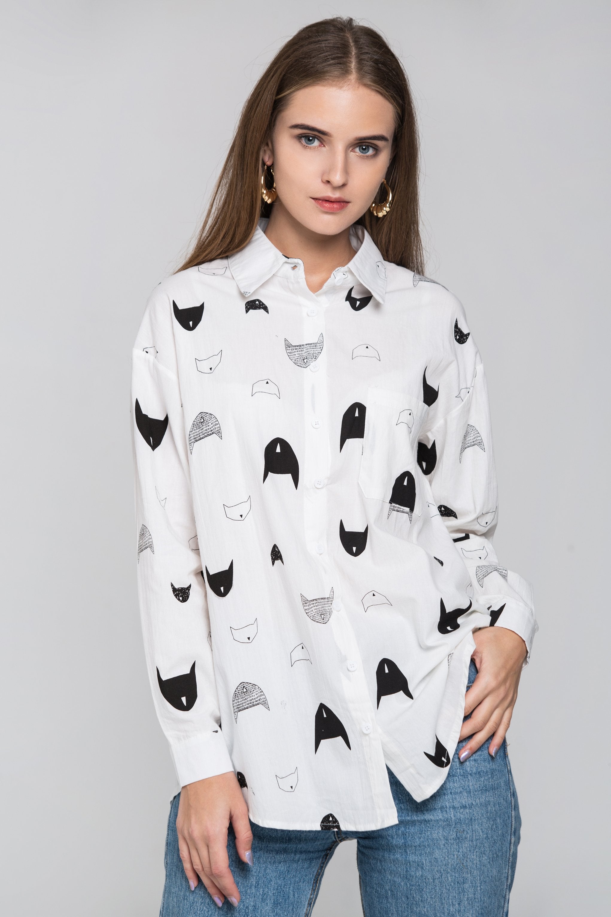 White Cat Print Sleeved Button Up Top - ownthelooks-Development
