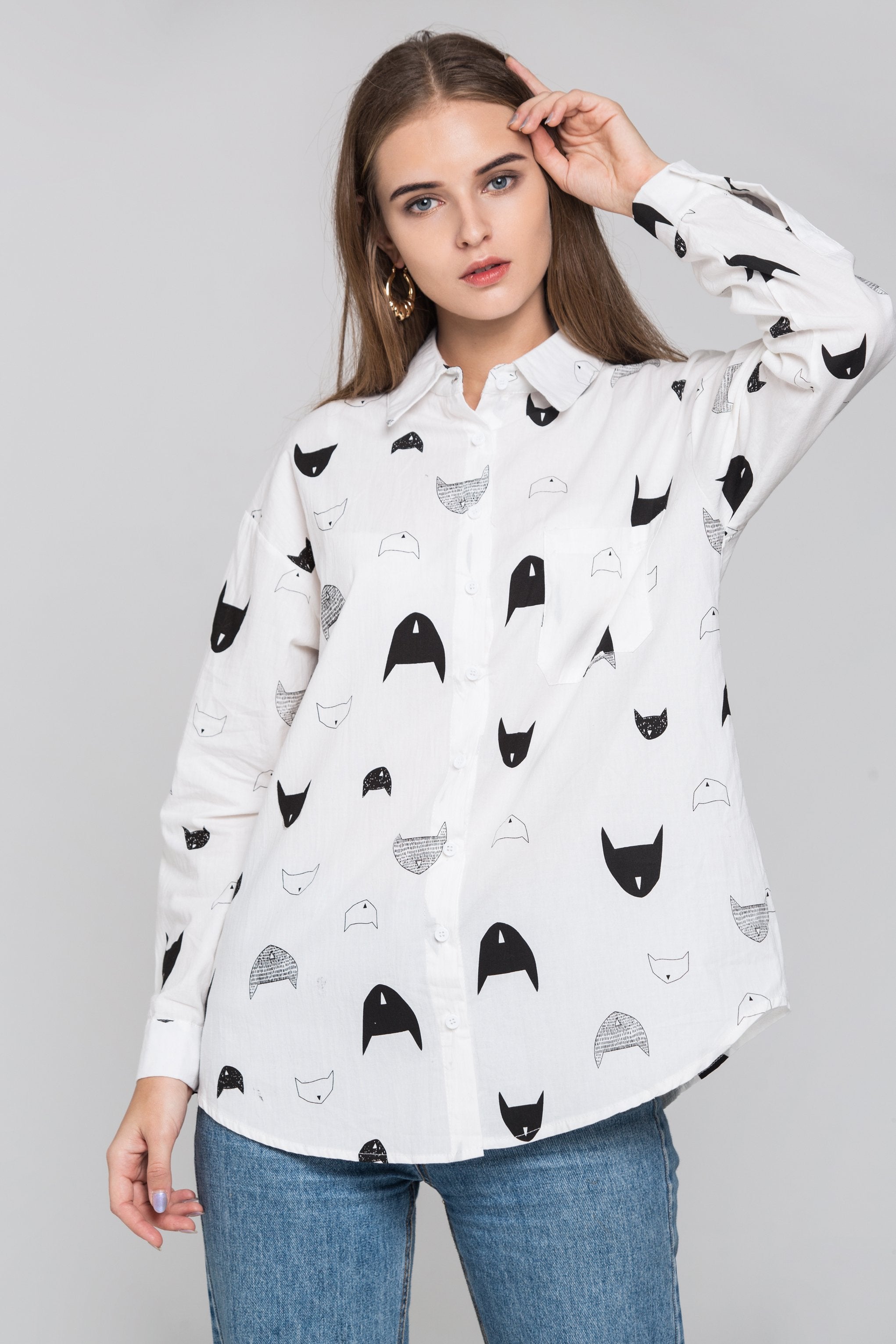 White Cat Print Sleeved Button Up Top - ownthelooks-Development