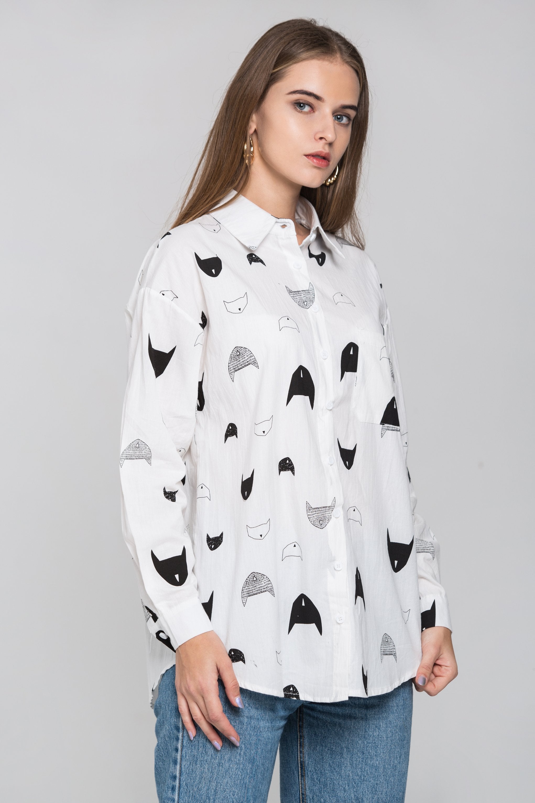 White Cat Print Sleeved Button Up Top - ownthelooks-Development