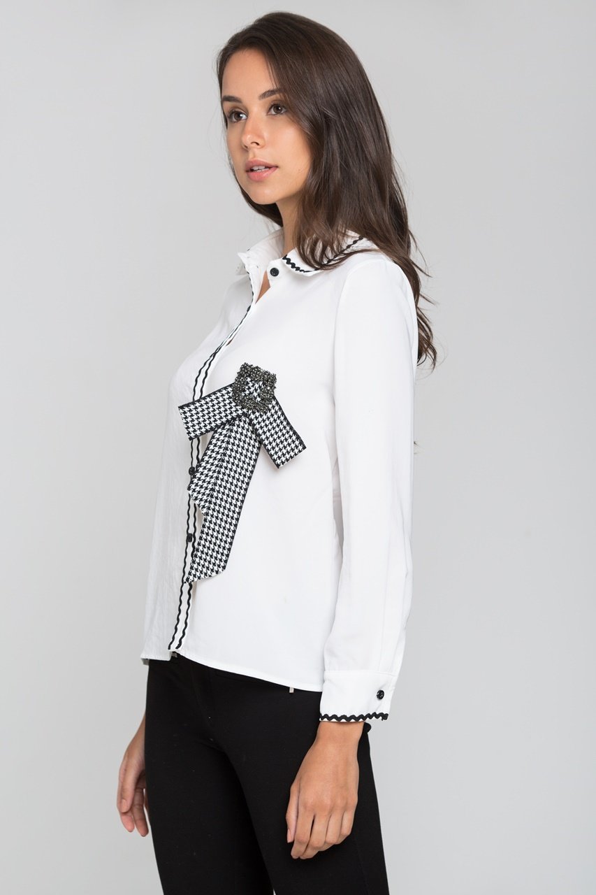 White Check Jewel Bow Long Sleeves Shirt - ownthelooks-Development