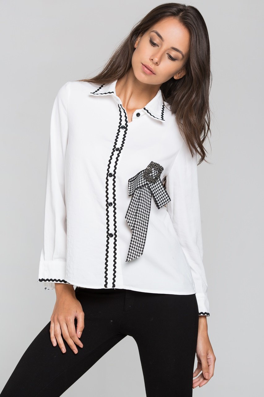 White Check Jewel Bow Long Sleeves Shirt - ownthelooks-Development