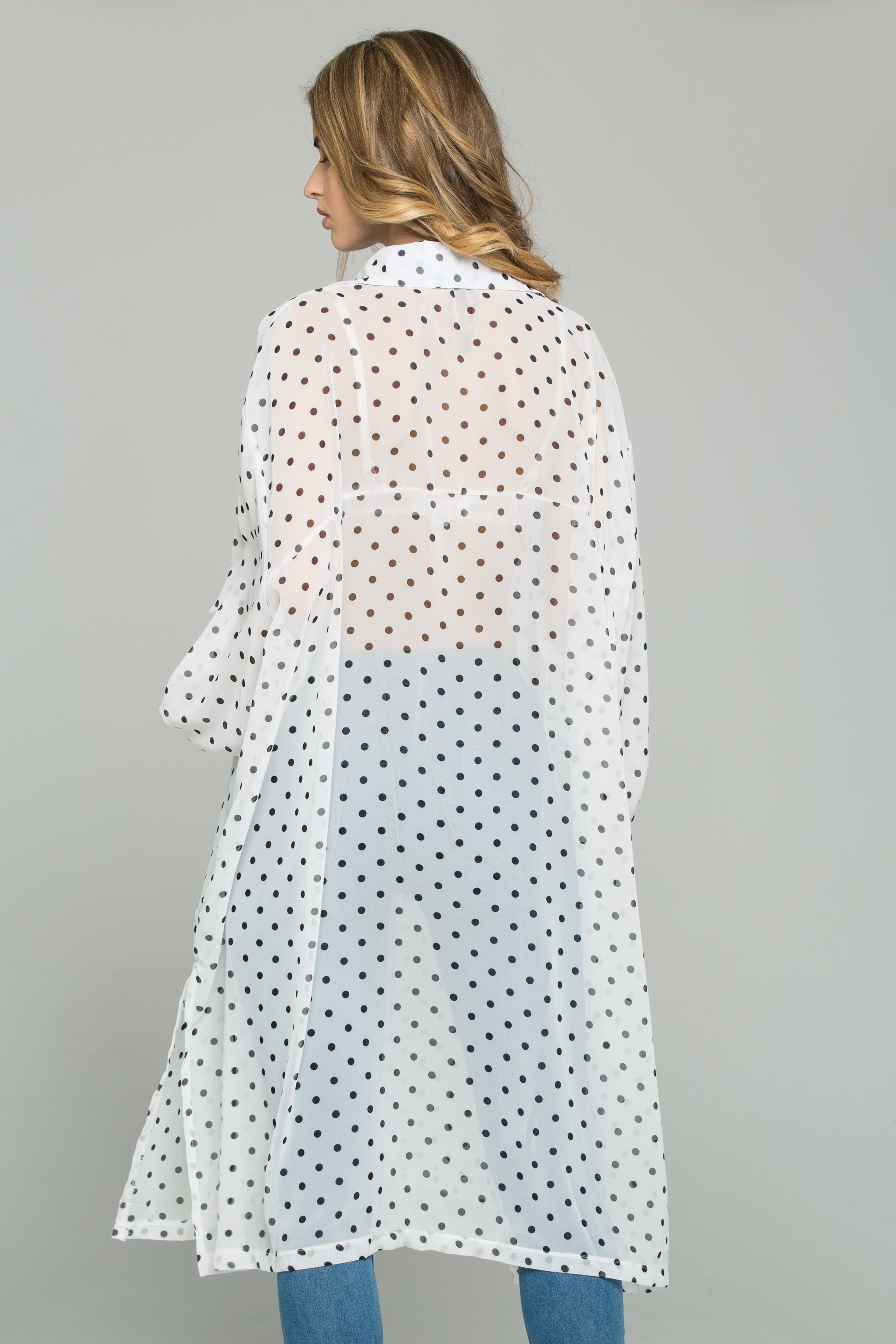 White Chiffon Polka Dot Print Hijab Long Sleeved Shirt - ownthelooks-Development