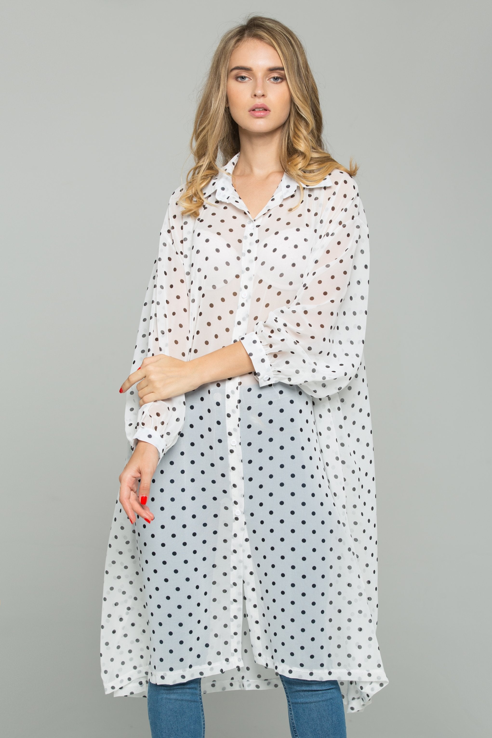 White Chiffon Polka Dot Print Hijab Long Sleeved Shirt - ownthelooks-Development