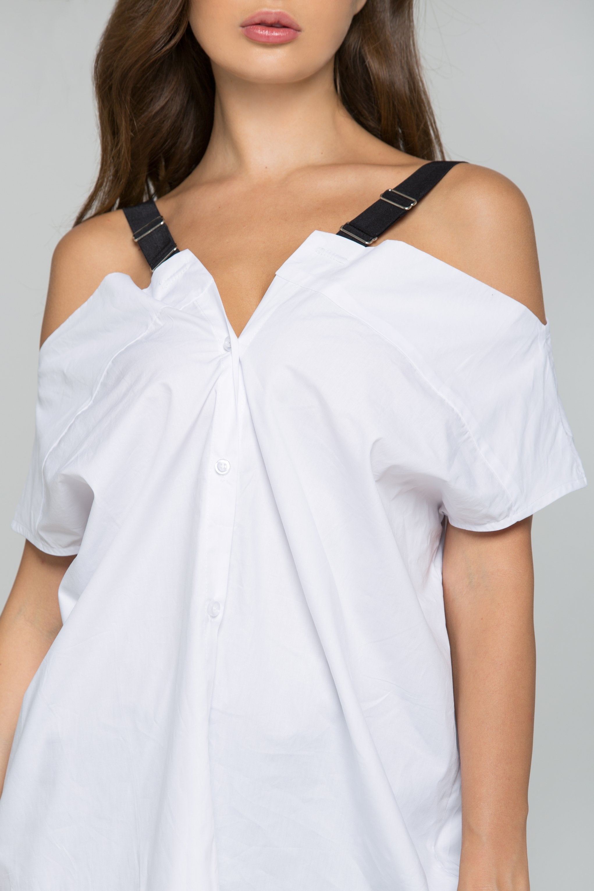White Cold-Shoulder Belt Strap Button-down Shirt - ownthelooks-Development