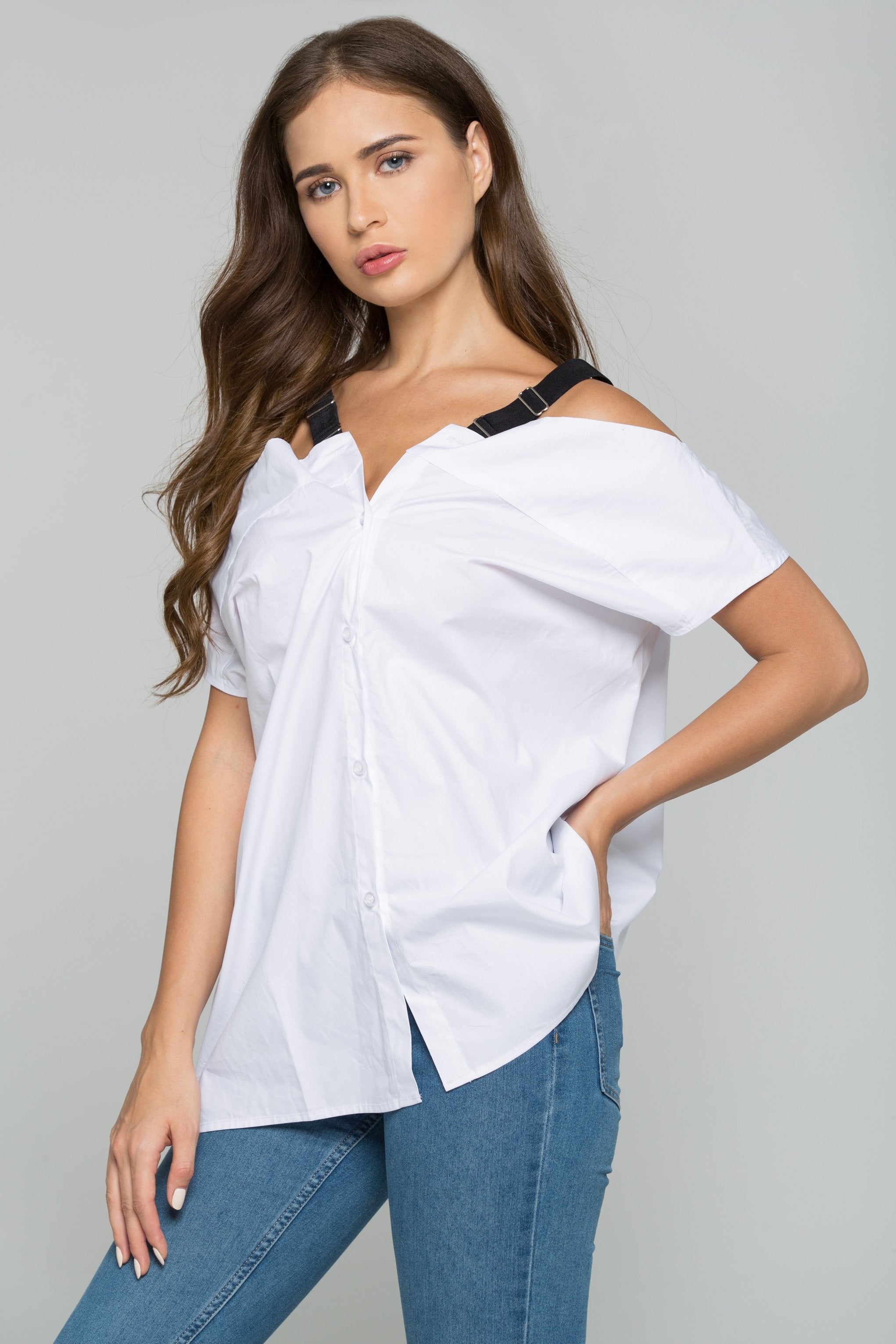 White Cold-Shoulder Belt Strap Button-down Shirt - ownthelooks-Development