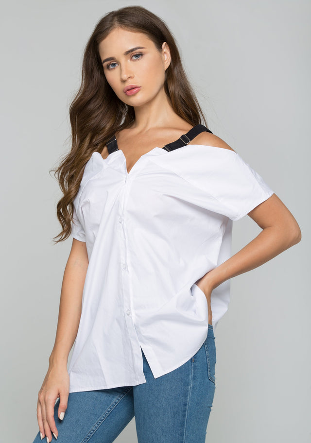 White Cold-Shoulder Belt Strap Button-down Shirt - ownthelooks-Development