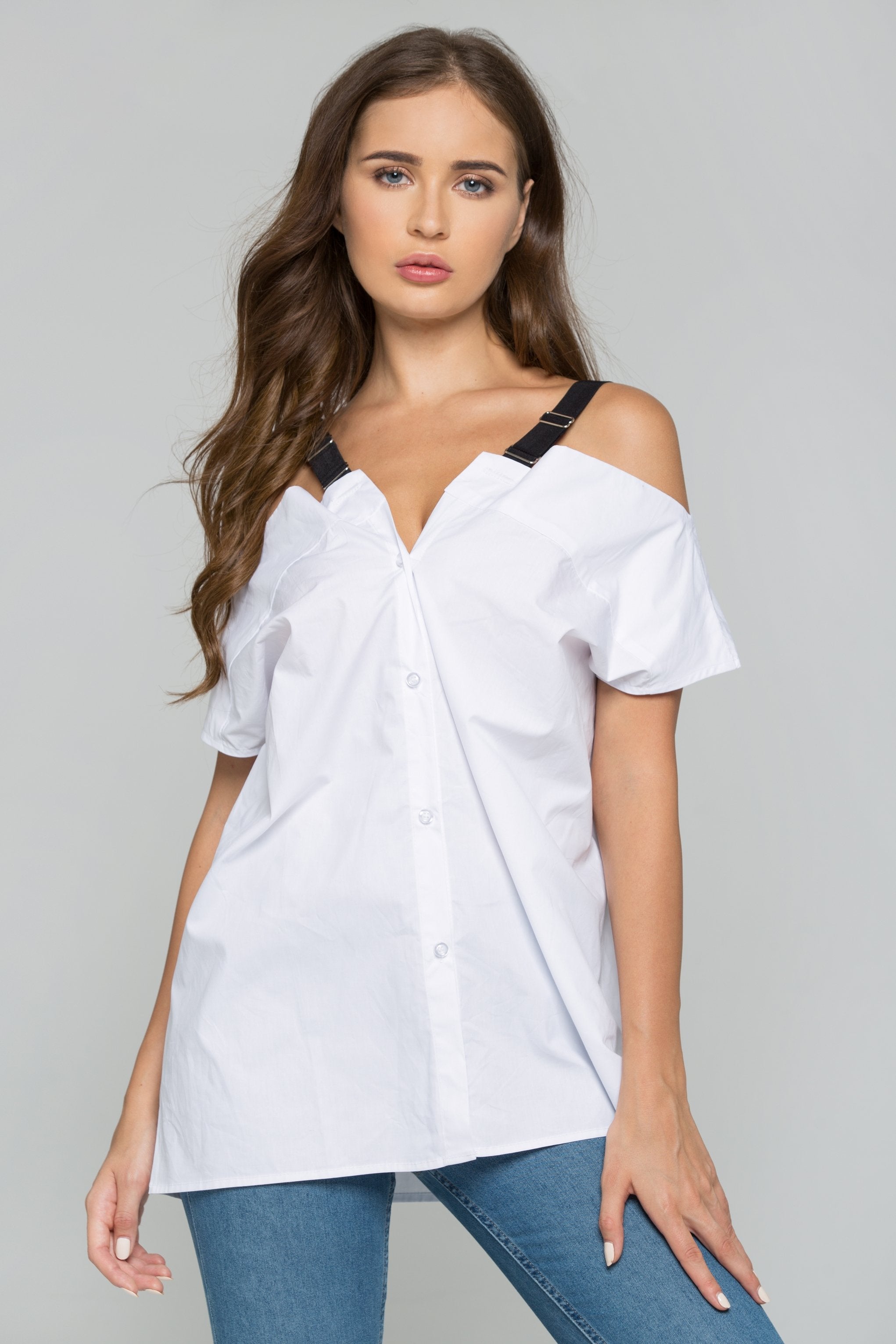 White Cold-Shoulder Belt Strap Button-down Shirt - ownthelooks-Development