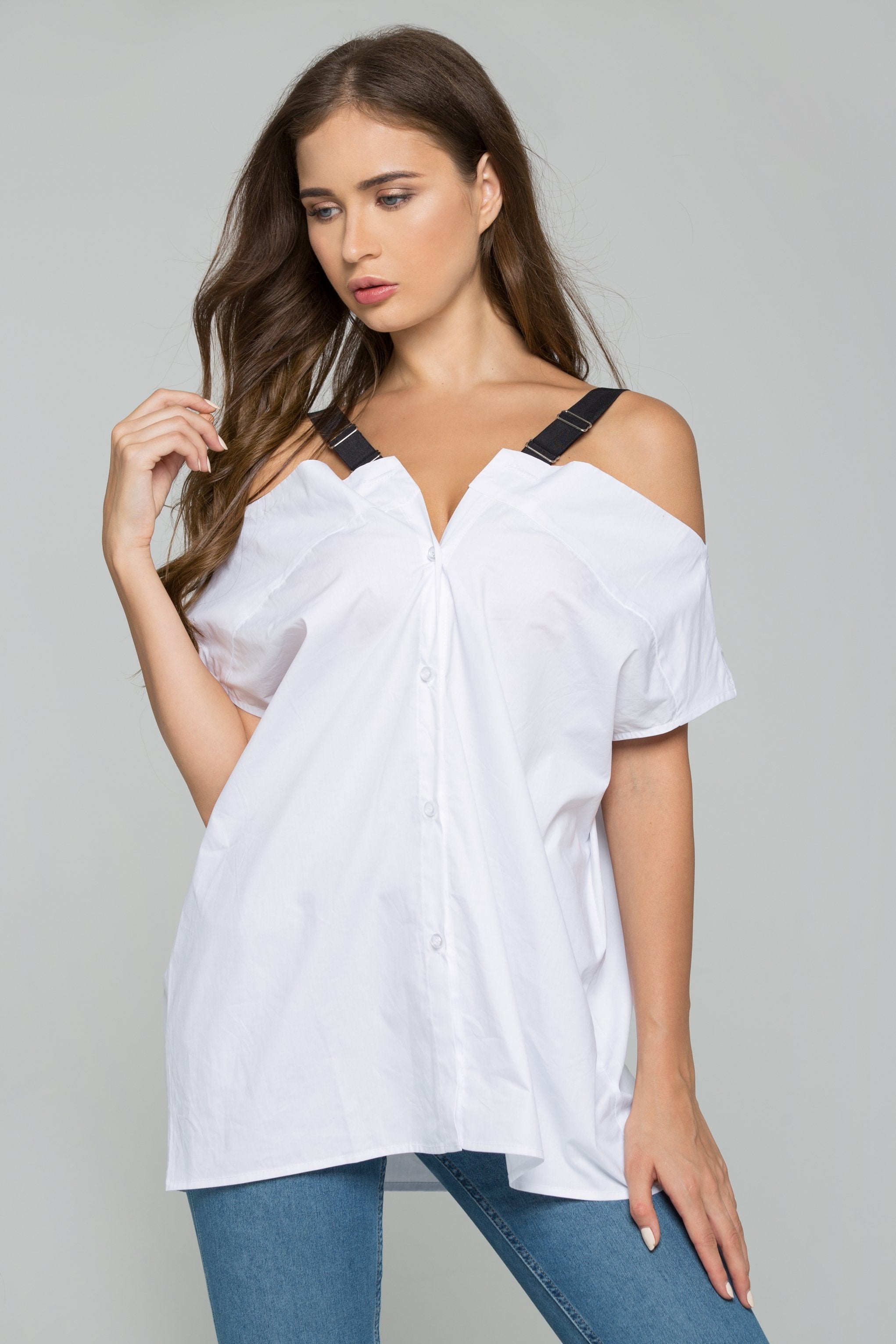 White Cold-Shoulder Belt Strap Button-down Shirt - ownthelooks-Development