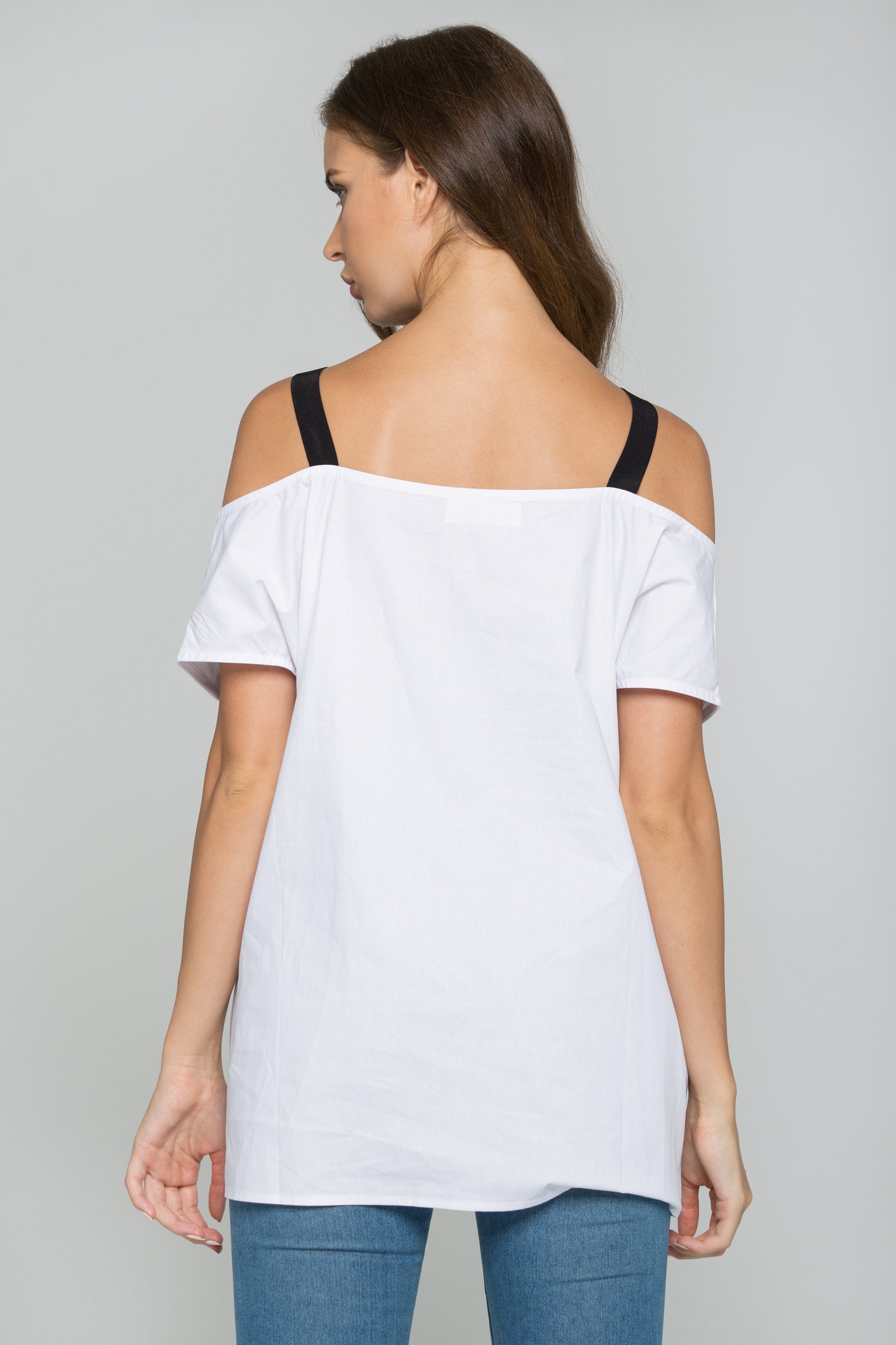 White Cold-Shoulder Belt Strap Button-down Shirt - ownthelooks-Development