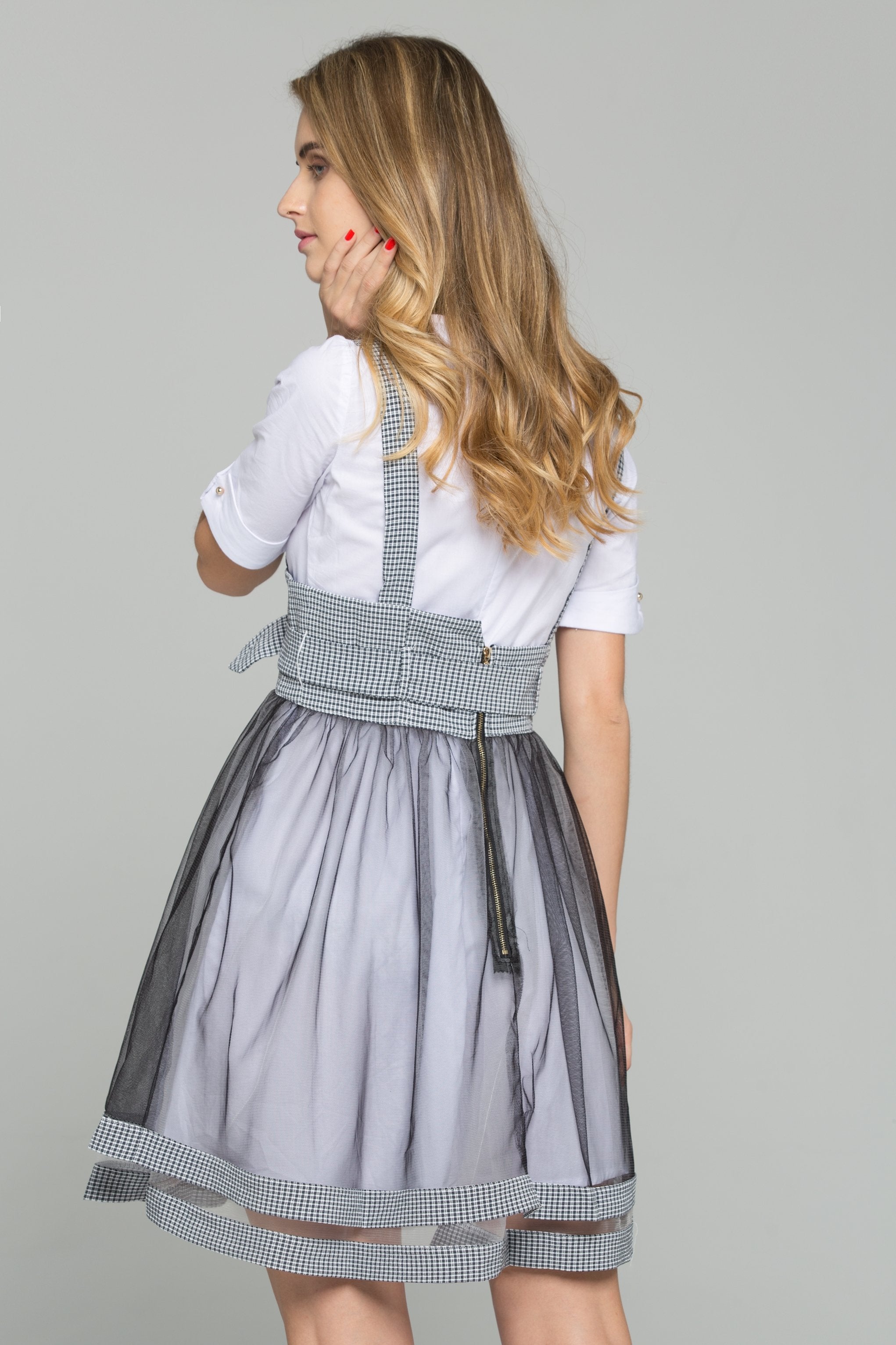 White Cotton Gauntlet Sleeve Shirt and Black Chiffon Gingham Pinafore Belted Skirt Set - ownthelooks-Development