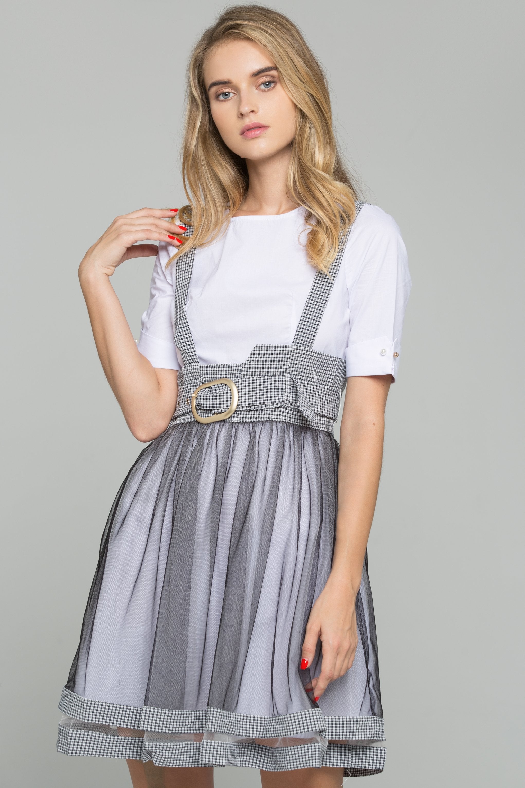 White Cotton Gauntlet Sleeve Shirt and Black Chiffon Gingham Pinafore Belted Skirt Set - ownthelooks-Development