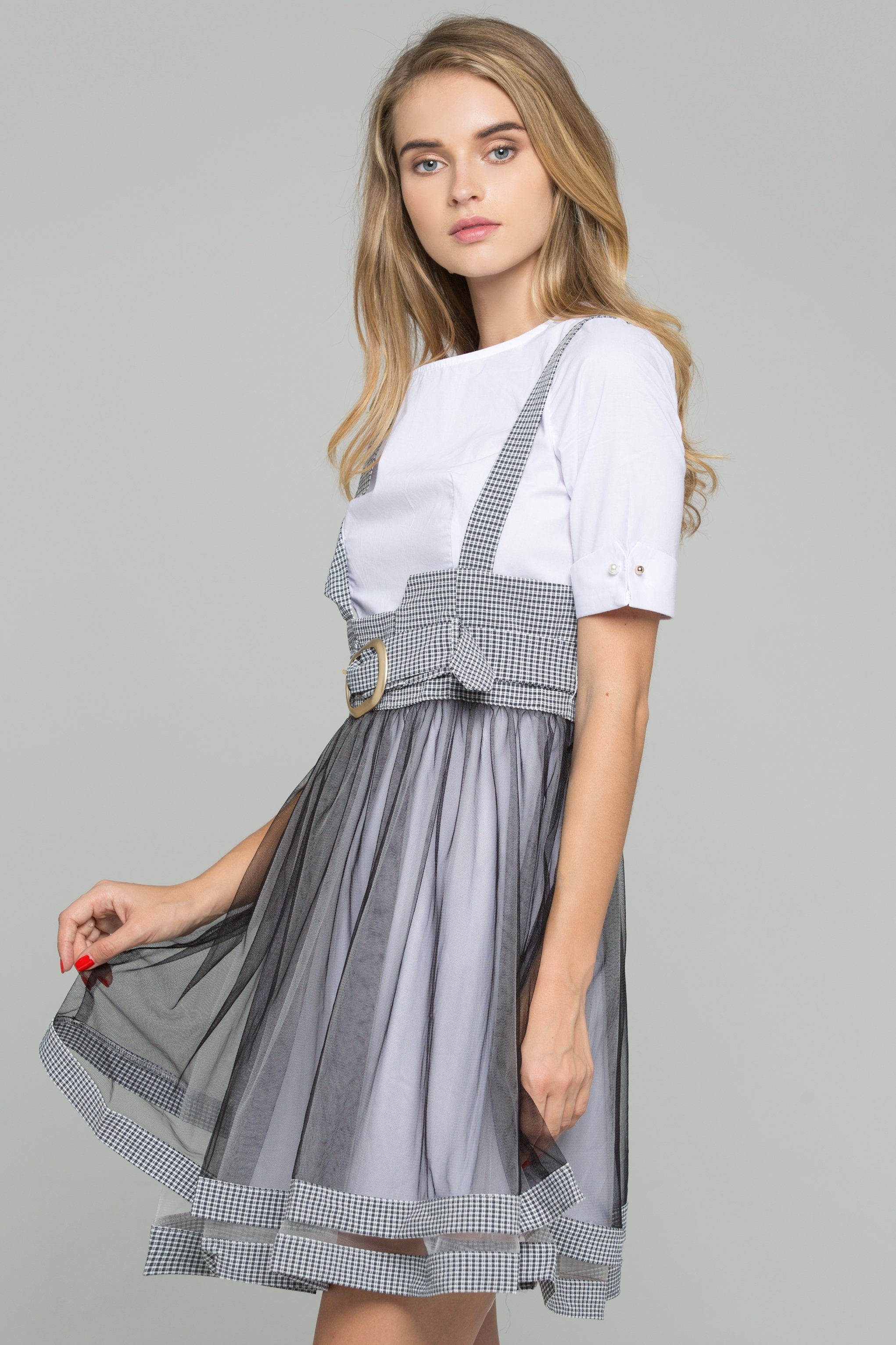 White Cotton Gauntlet Sleeve Shirt and Black Chiffon Gingham Pinafore Belted Skirt Set - ownthelooks-Development