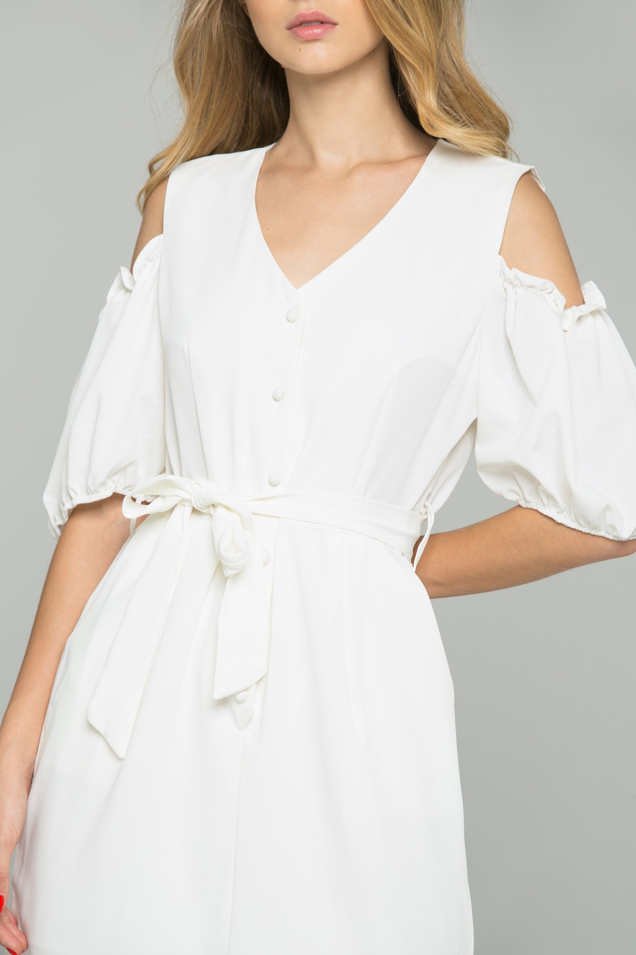 White Cotton V-Neck Cold Shoulder Cinched Midi Dress - ownthelooks-Development