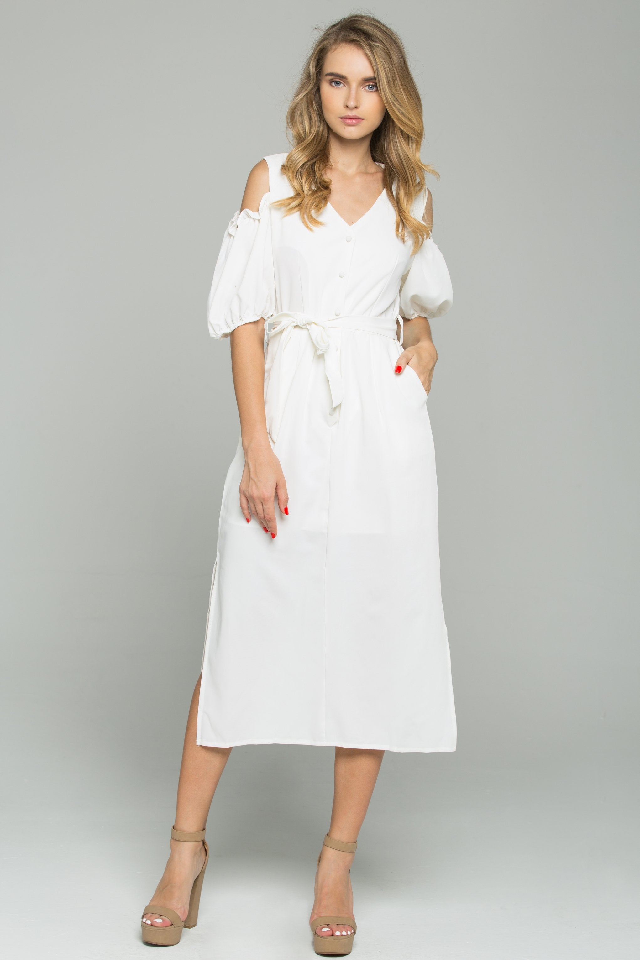 White Cotton V-Neck Cold Shoulder Cinched Midi Dress - ownthelooks-Development