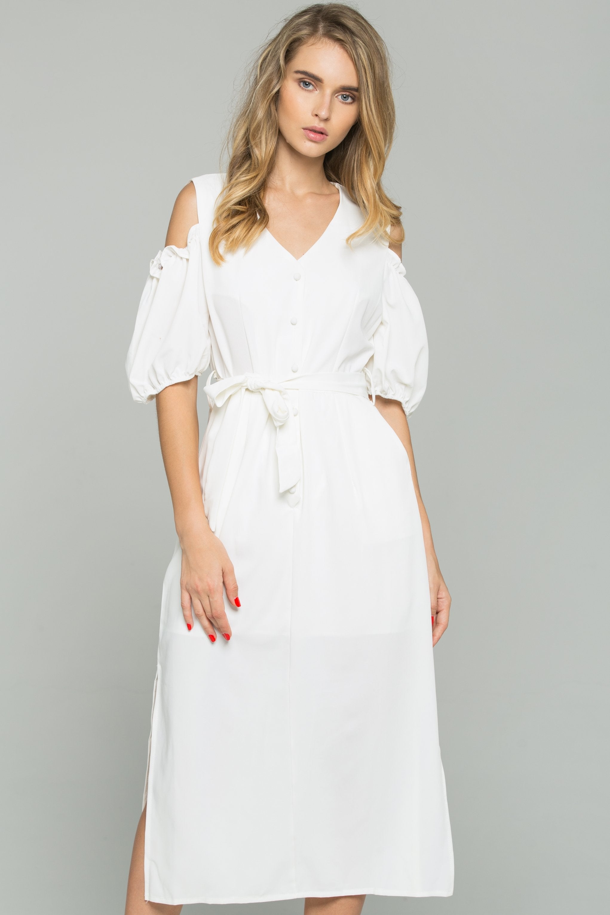 White Cotton V-Neck Cold Shoulder Cinched Midi Dress - ownthelooks-Development