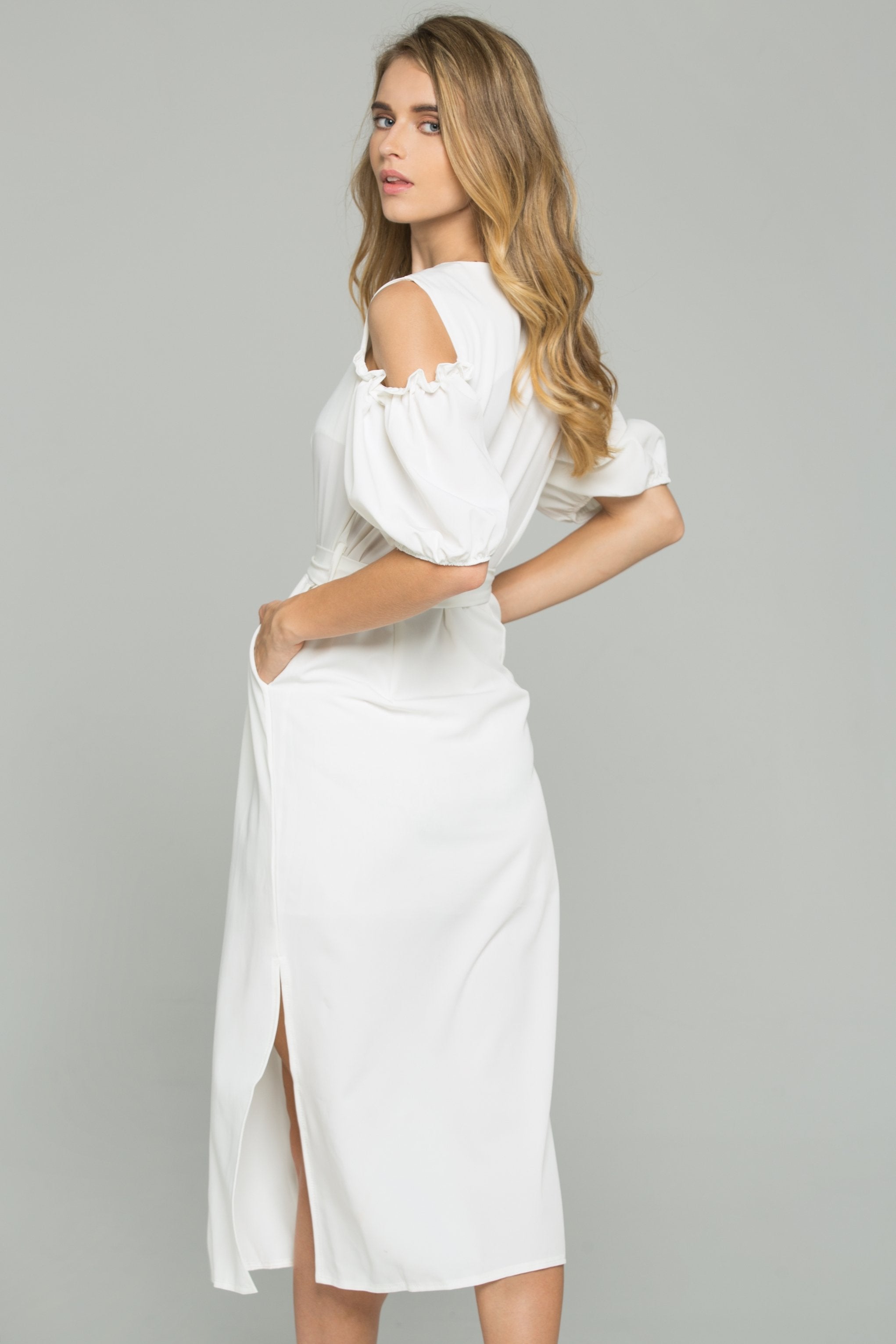 White Cotton V-Neck Cold Shoulder Cinched Midi Dress - ownthelooks-Development