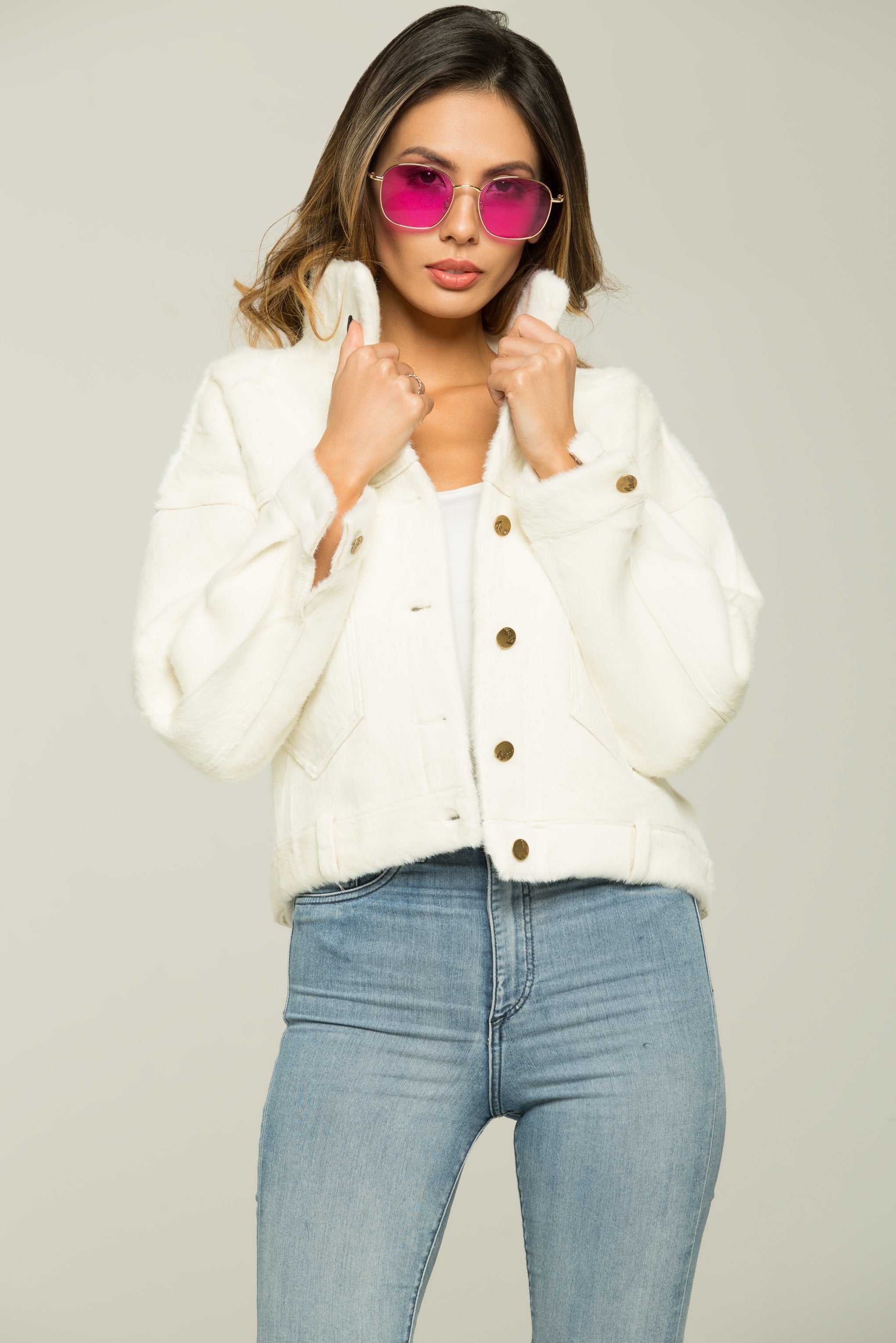White Faux Fur Button-up Coat - ownthelooks-Development