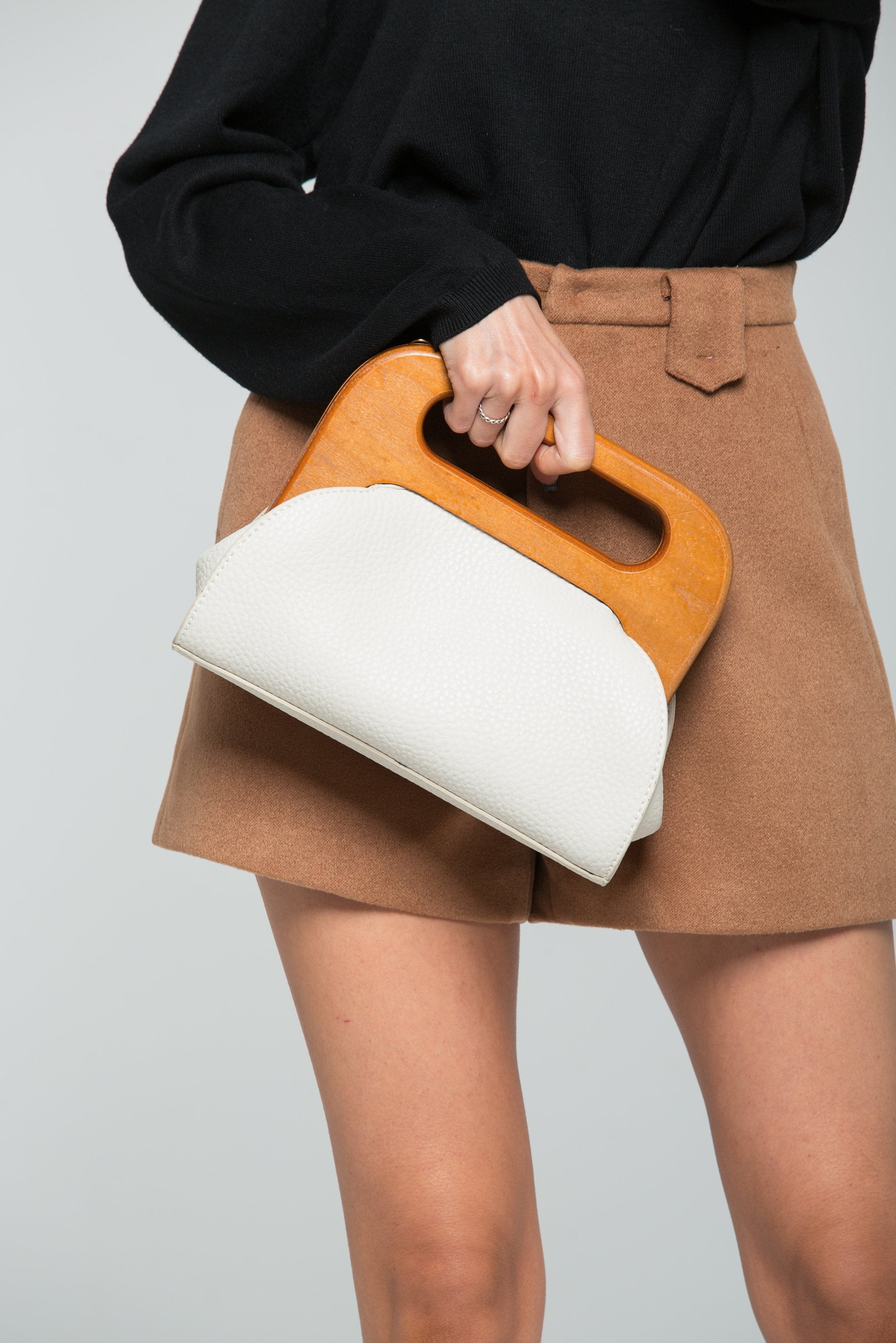 White Faux Leather Clutch with Wood Handle - ownthelooks-Development