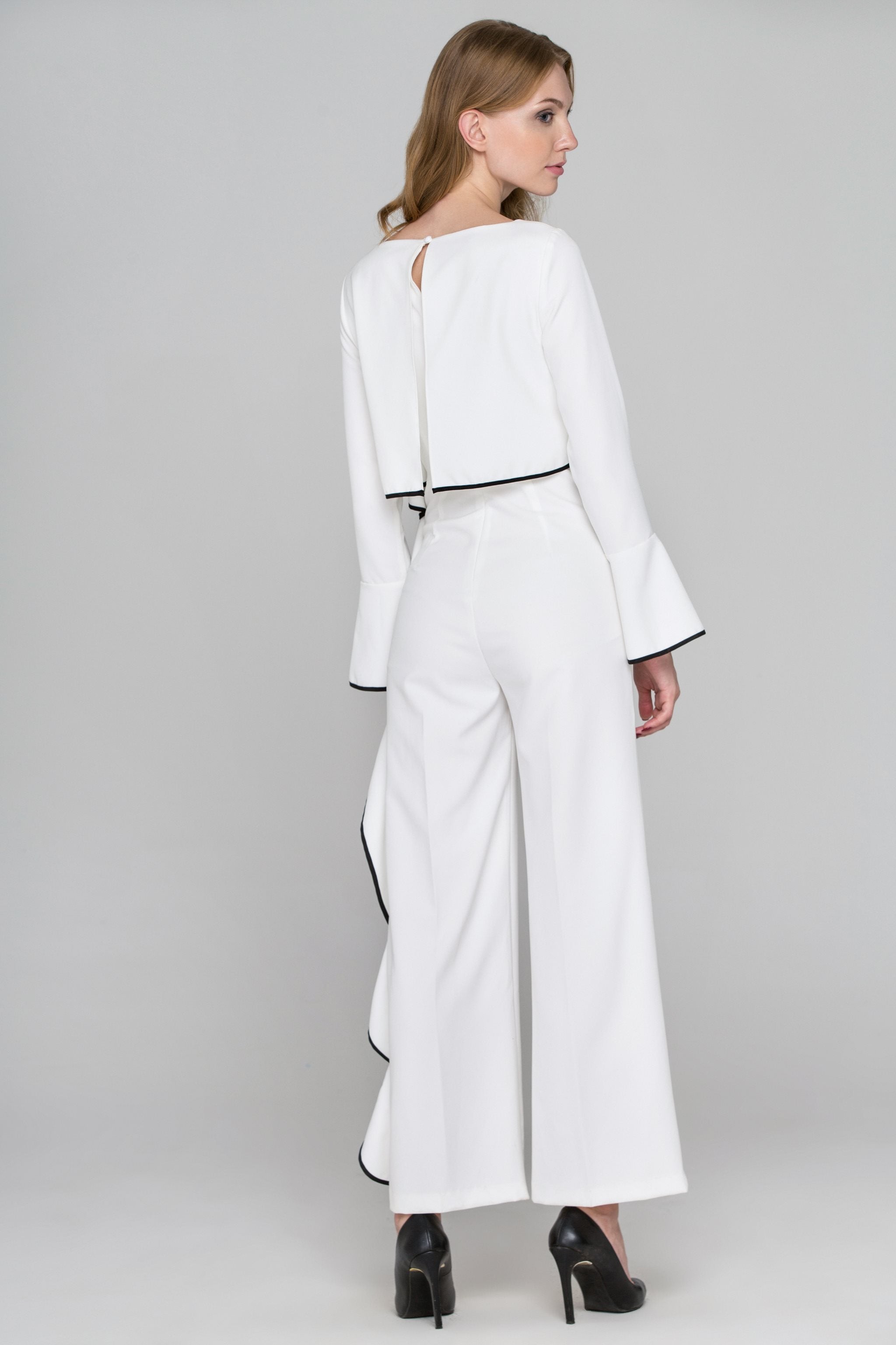 White Flare Sleeve Cascade Ruffle Jumpsuit - ownthelooks-Development