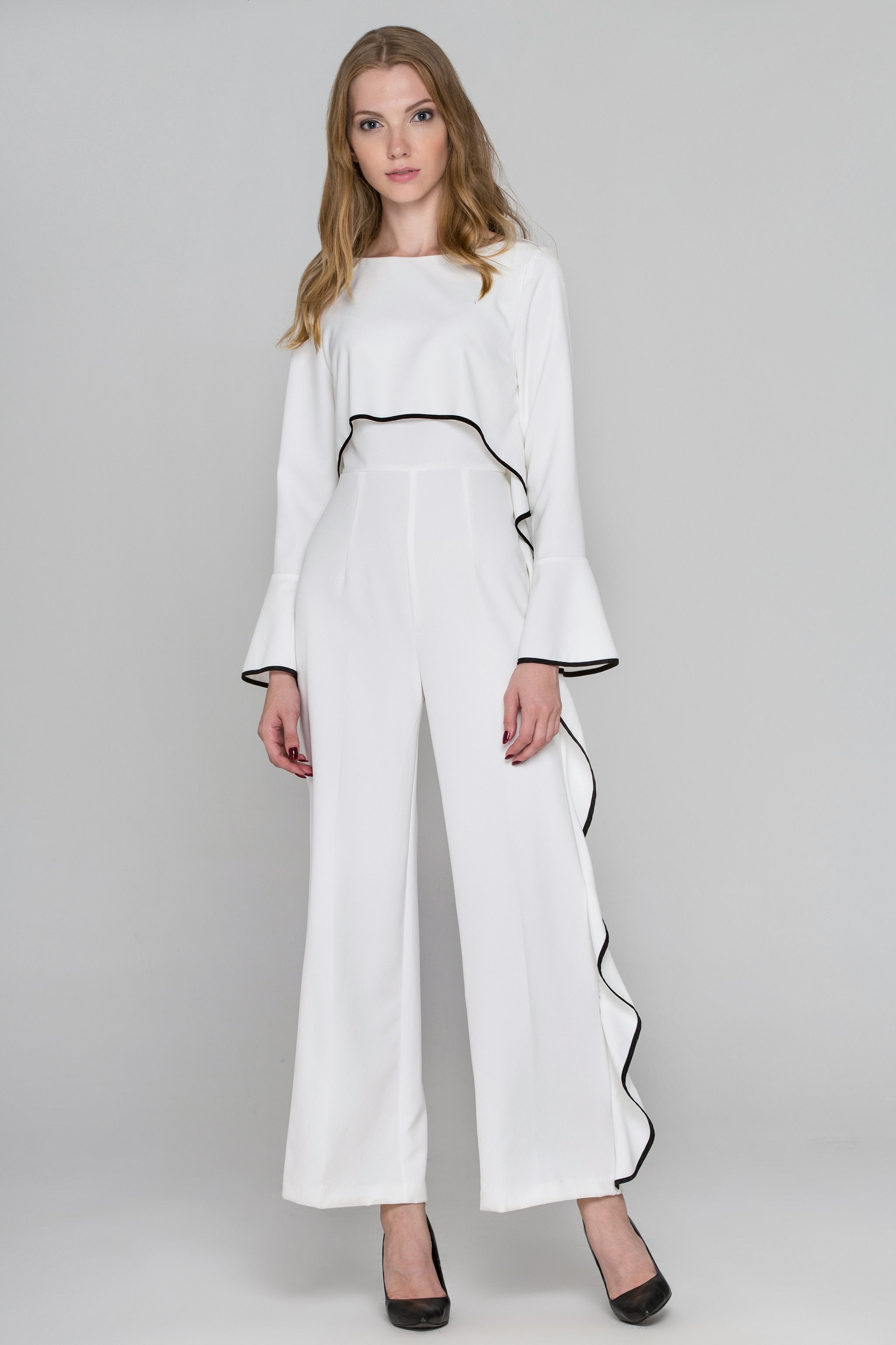 White Flare Sleeve Cascade Ruffle Jumpsuit - ownthelooks-Development