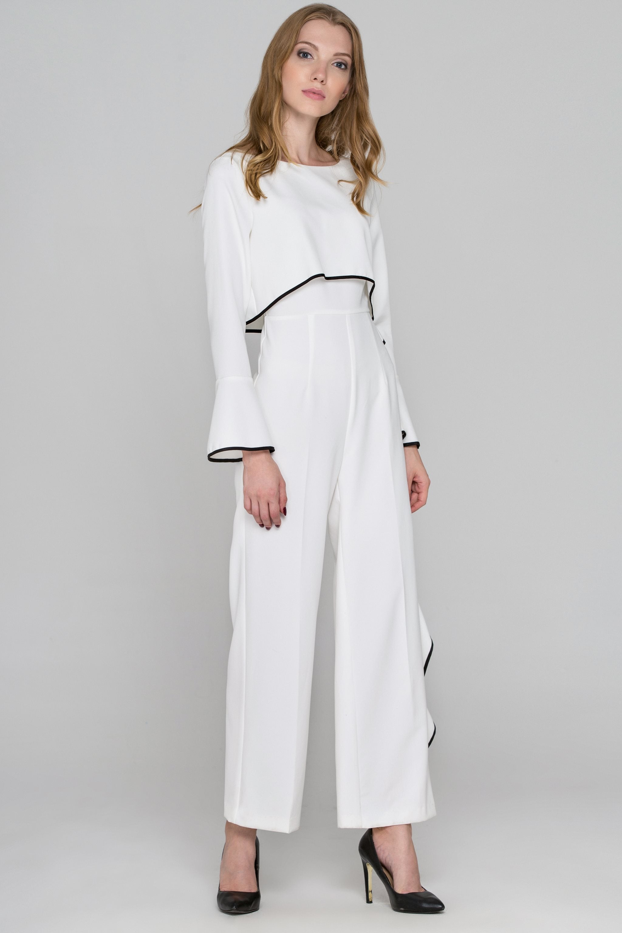 White Flare Sleeve Cascade Ruffle Jumpsuit - ownthelooks-Development