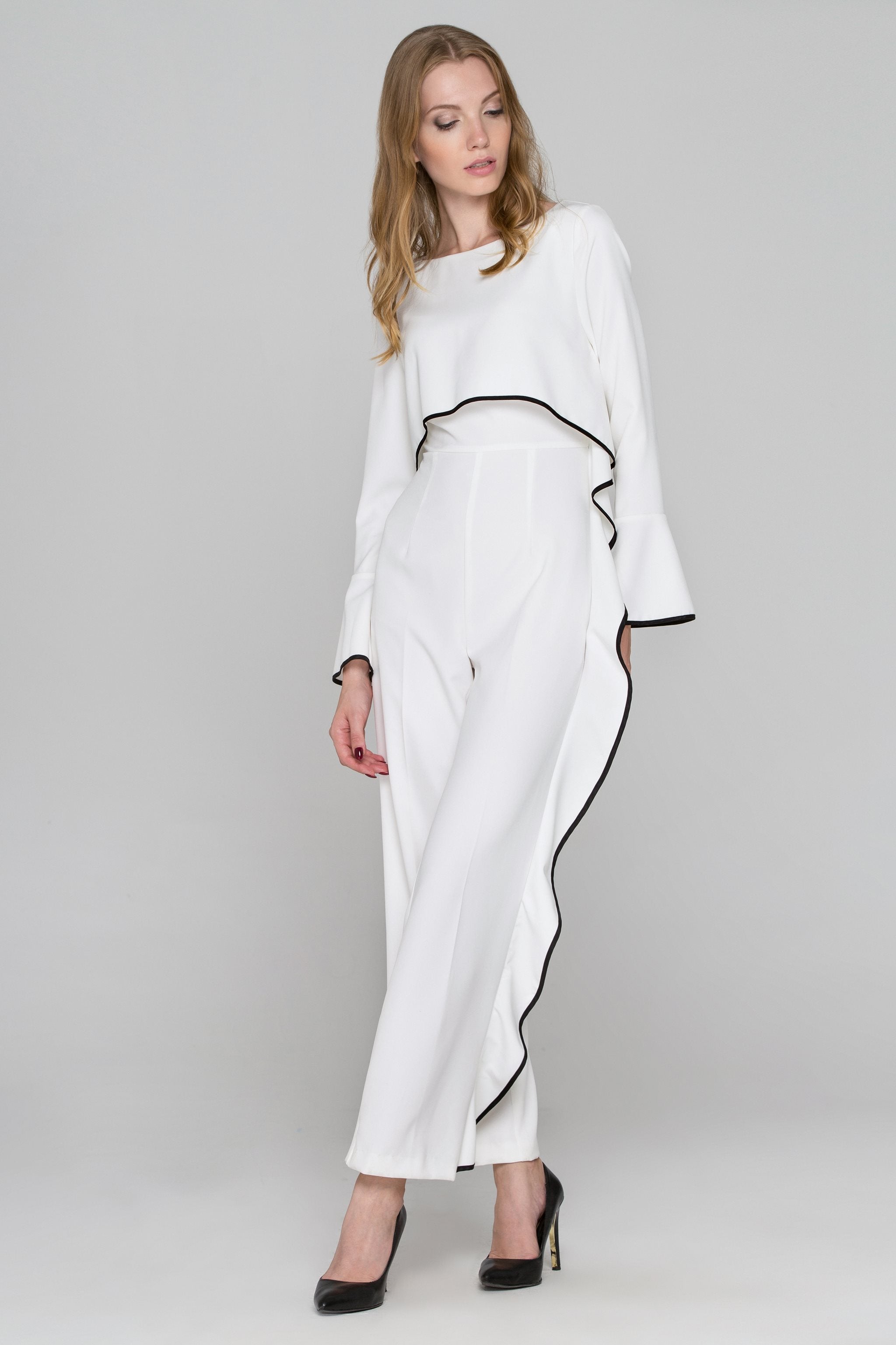 White Flare Sleeve Cascade Ruffle Jumpsuit - ownthelooks-Development