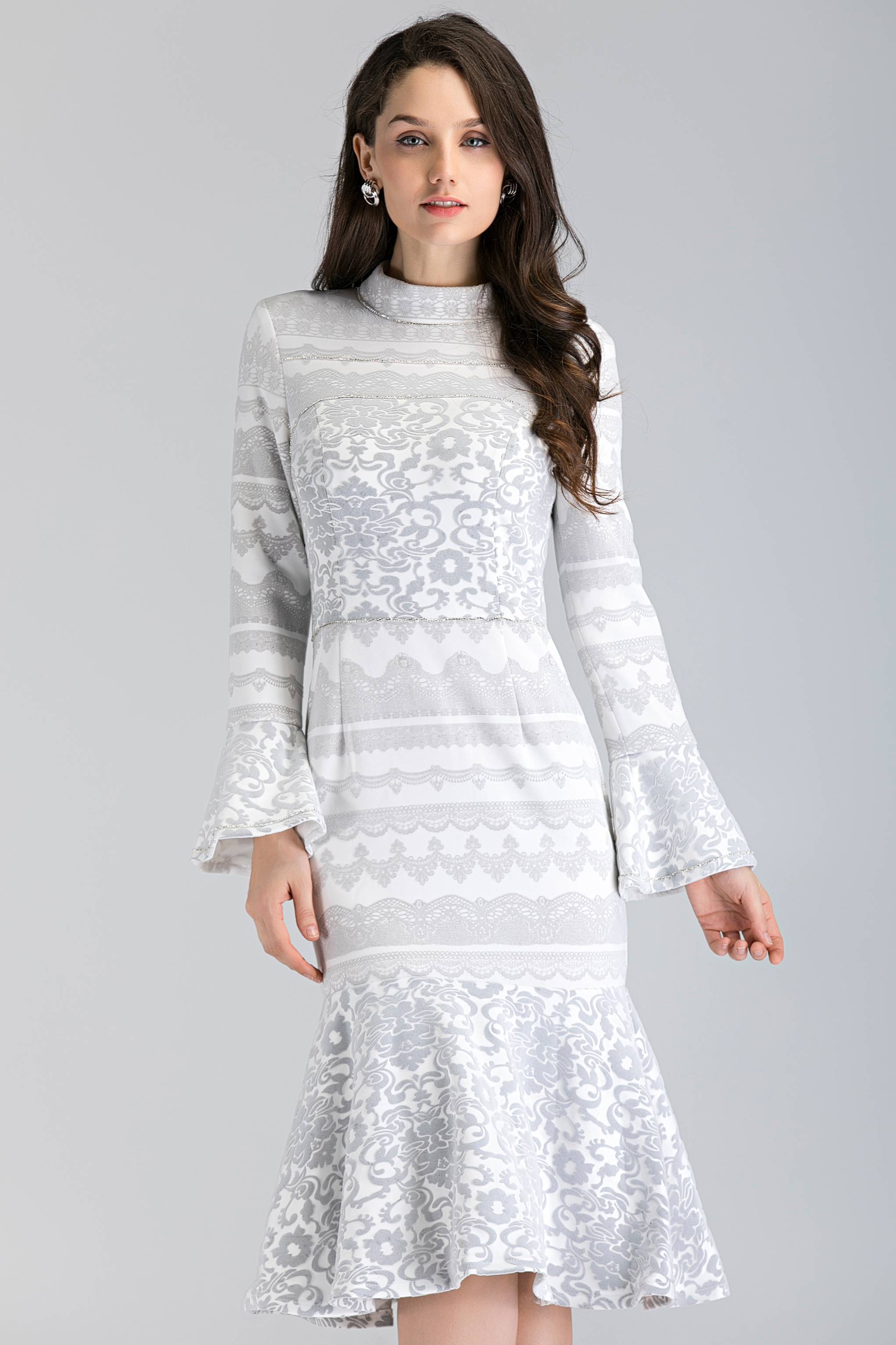 White Fleurdelis Trumpet Midi Dress - ownthelooks-Development